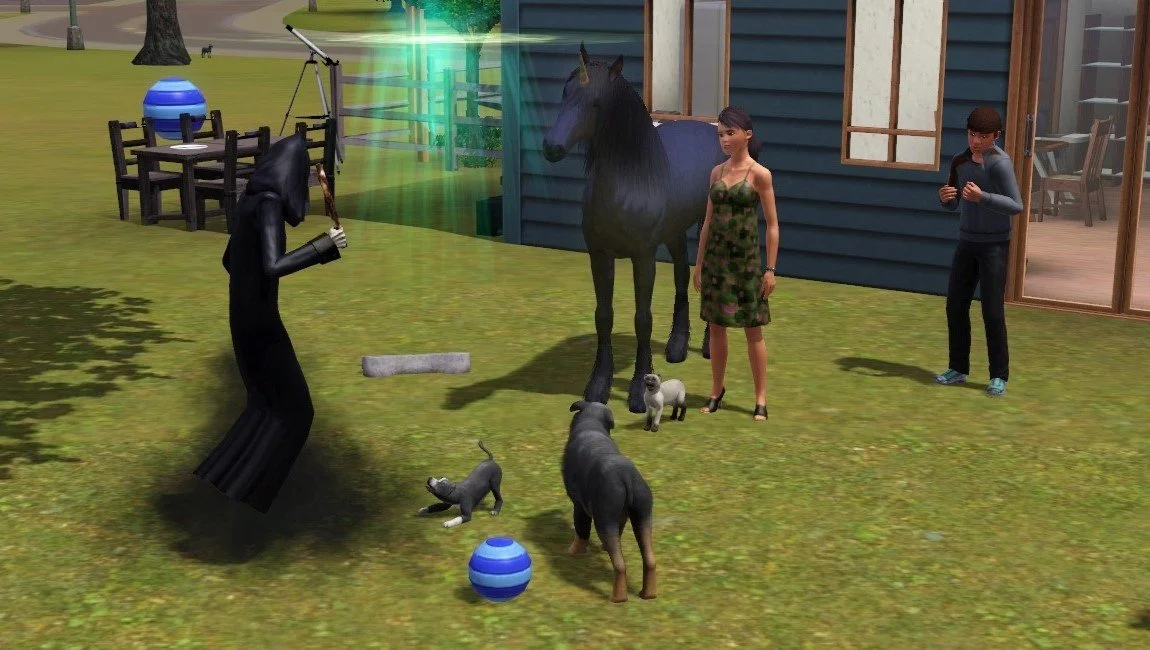 The Grim Reaper holds a stick with a skeletal hand, looking at small dog Vernon in a playful stance (head lowered, tail up), as shining lights appear over the pet bone-shaped gravestone. Watching are Petunia, Aasifa, Bellatrix, Dorothy and Matthew.