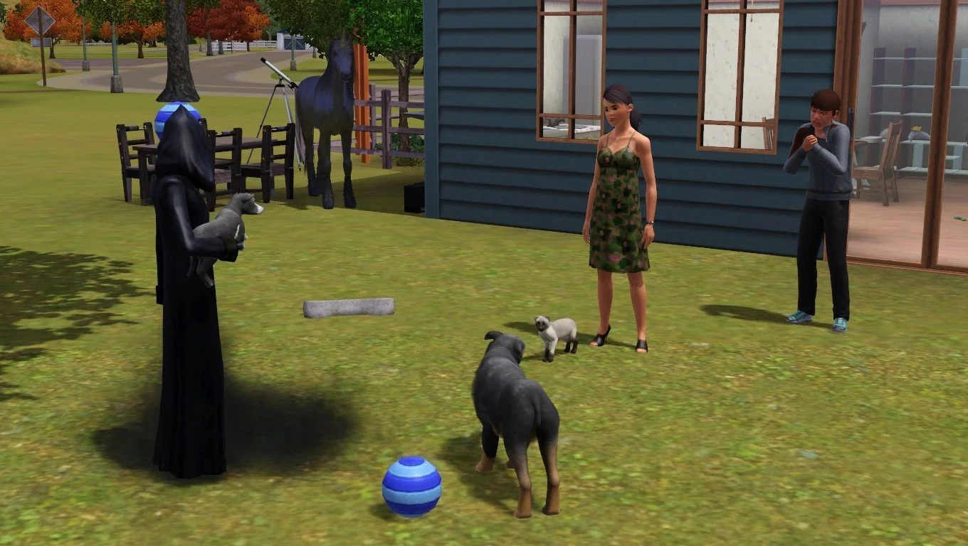 The Grim Reaper holds small senior dog Vernon, facing a pet bone-shaped gravestone, dog ball, Petunia, Bellatrix, Dorothy and Matthew. Matthew clasps his hands and looks worried. Aasifa the unicorn approaches from the side of the house.