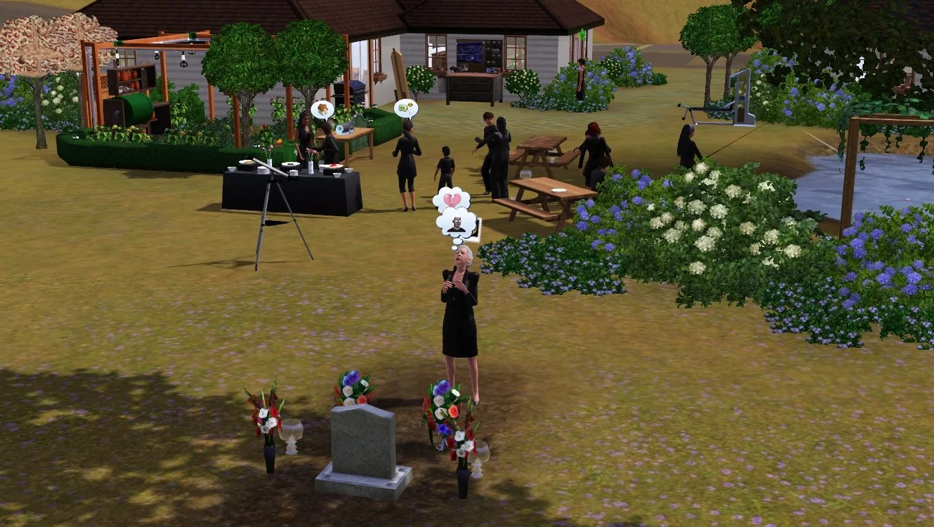 Bridget wails skyward facing a grave, thinking of a broken heart and Altman's ghost. In the background: Ryker talks to Sage about a house; Dorothy, Kobe, Rukiya and Matthew dance; Mason and Alani talk, Chase sits, Emery fishes in the pond. Even further back, Aria stands in bushes.