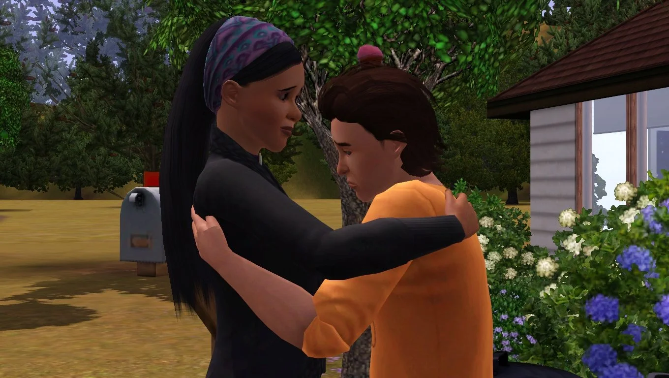 Emery, a young adult female Sim with a mid-tone complexion and long black hair has a sad, sympathetic expression on her face as she holds and glances down at her teen brother Ryker, who looks deeply sad.