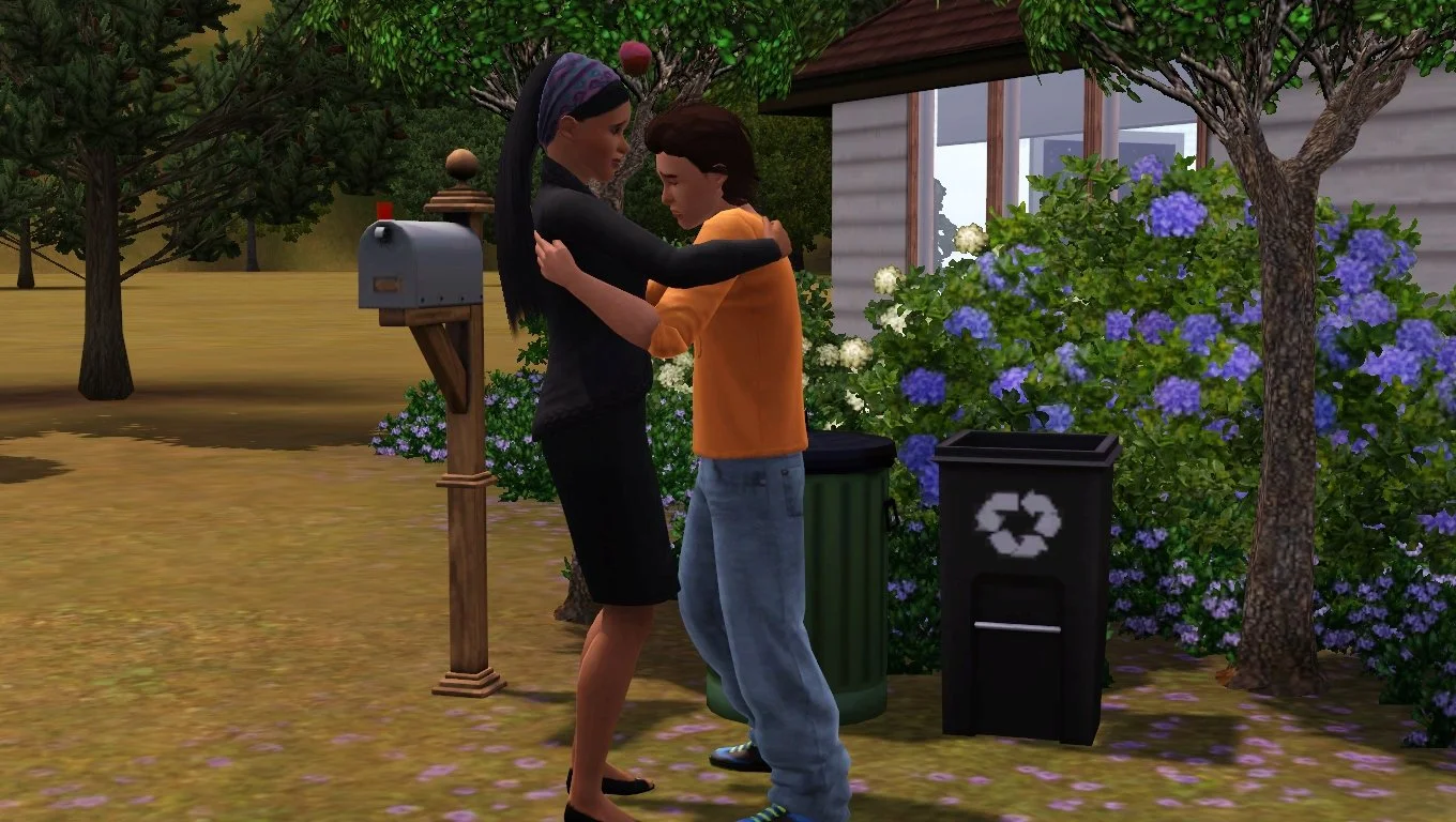 Emery slowly releases her younger brother Ryker from a hug in front of the mailbox at their parents' home. She wears a black long-sleeved top, pencil skirt and dress flats. He has a bright orange shirt, baggy jeans and sneakers.