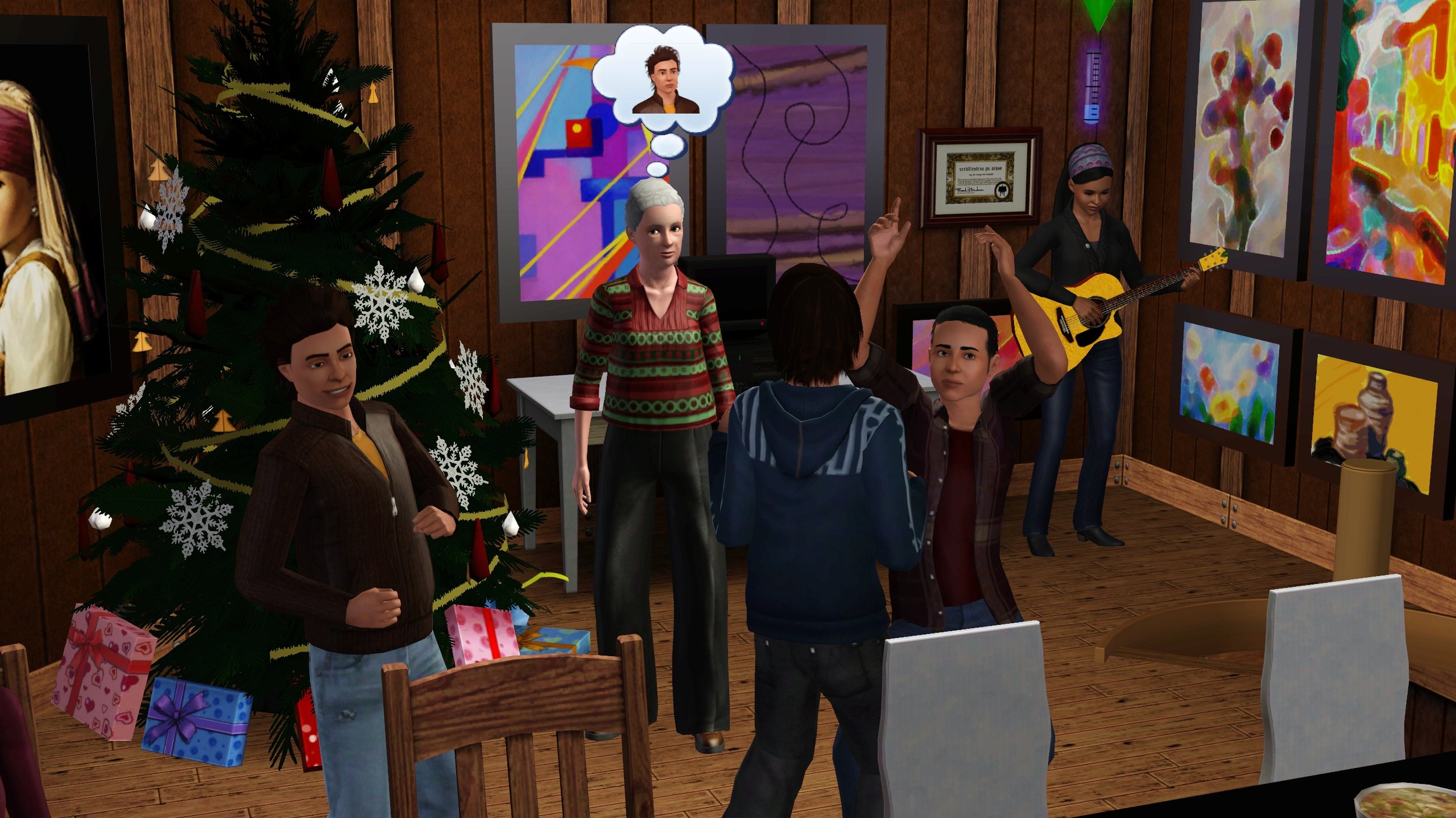Ryker, Chase and Mason dance; Bridget stands next to a Christmas tree; Emery plays guitar in the corner, walls covered in her paintings. Bridget wears a festive sweater and has a thought bubble of Ryker’s portrait.