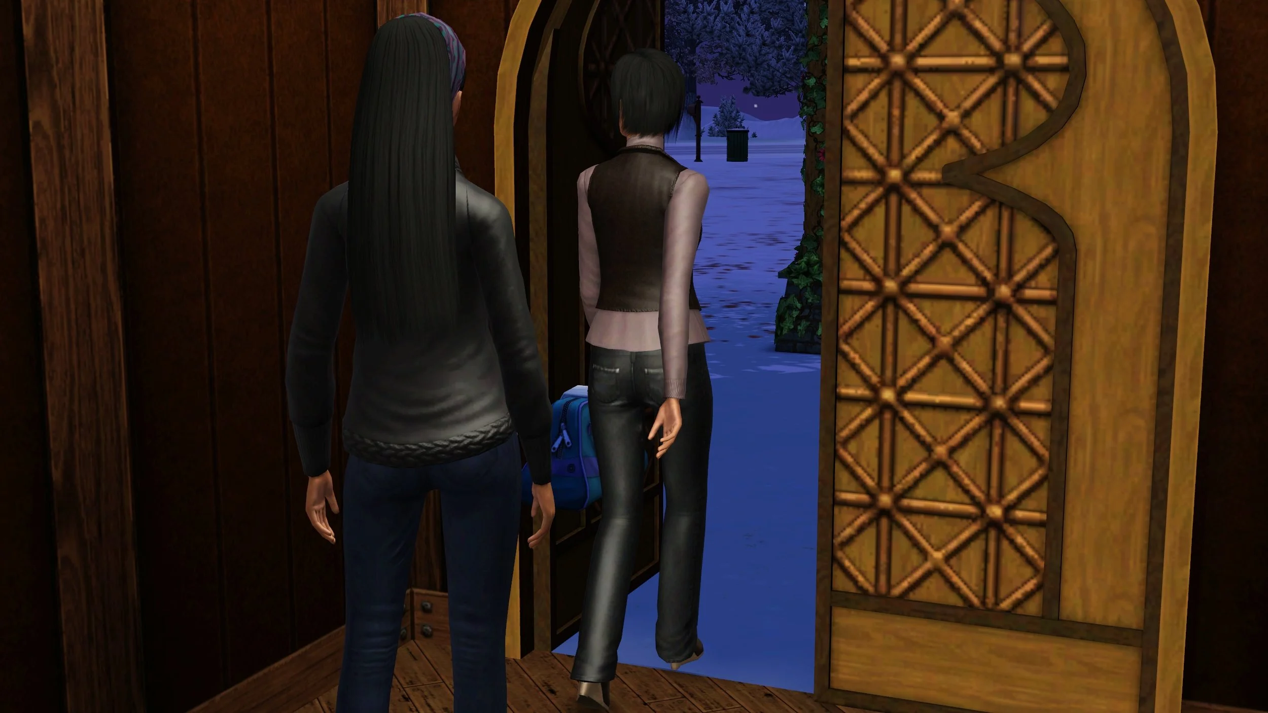 Emery watches Colette leave the building, walking through an ornate wooden door into a snowy evening outside. Colette is holding a duffel bag and wears jeans, a sweater and vest. Emery wears a sweater and jeans. Both face away from the camera.
