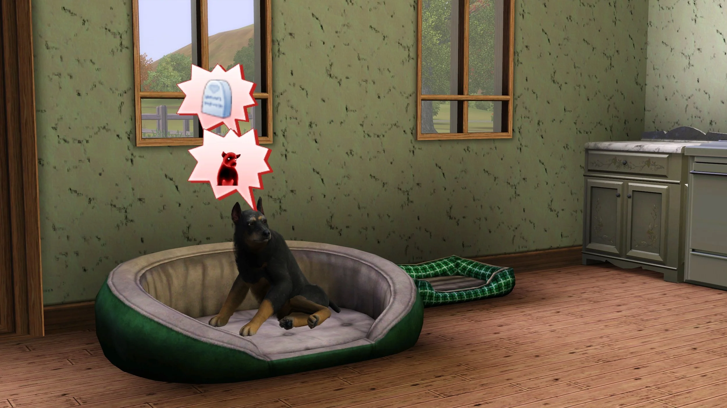 Petunia the large senior dog sits up and looks to her right, in a large pet bed in the Button Ranch kitchen, next to a smaller pet bed. Above her head are red spiky thought bubbles of a gravestone and the ghost of Vernon the small dog.