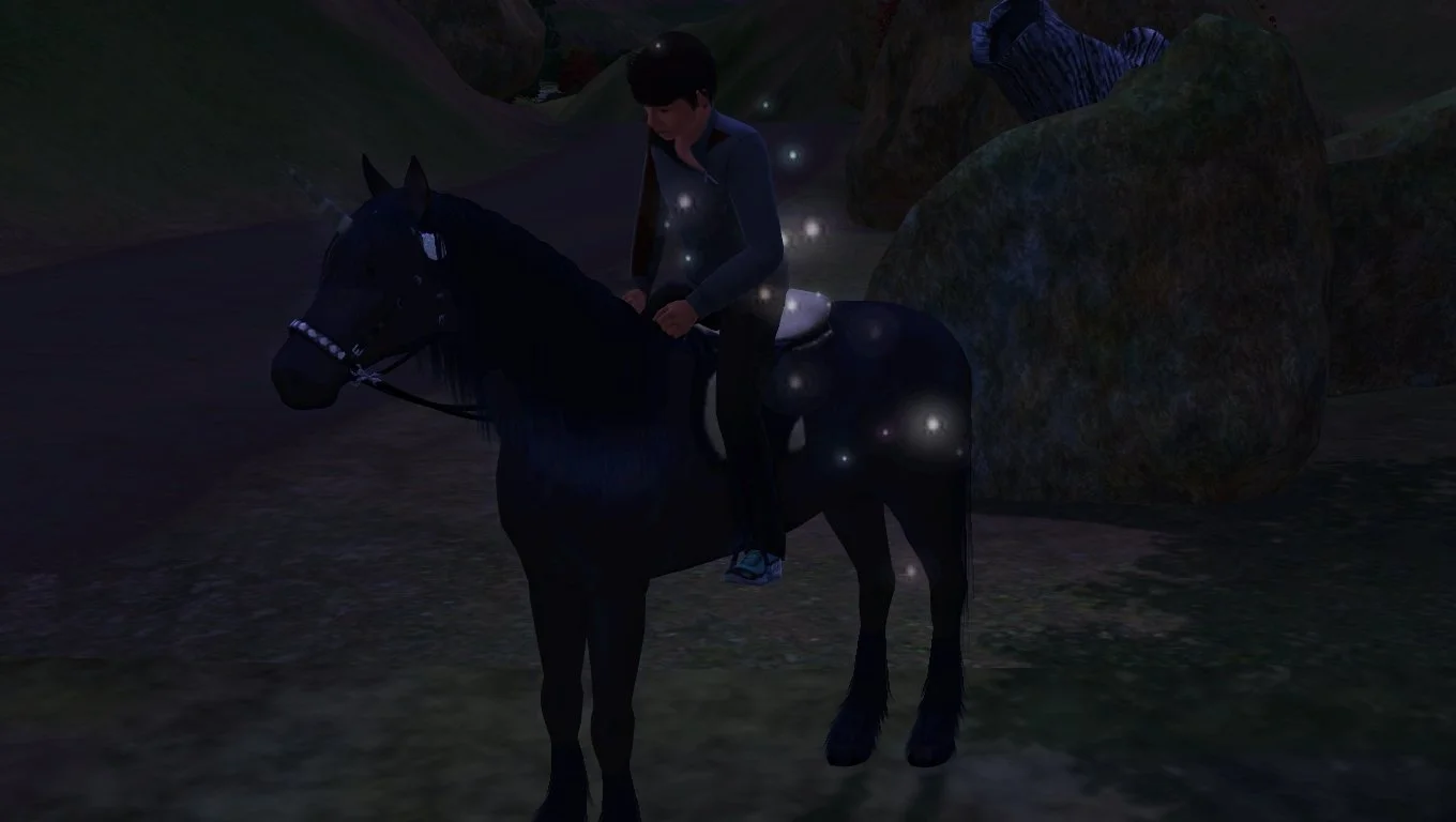 Matthew sitting on a saddled Aasifa the unicorn, prepared to ride her, surrounded in gold sparkles.