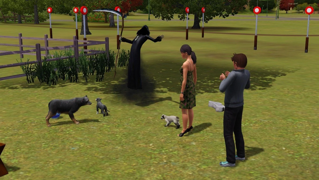 The Sims 3 Grim Reaper wields a scythe with outstretched arms, facing senior dogs Vernon and Petunia. Next to them are cat Bellatrix and Sims Dorothy and Matthew. Dorothy is in a maternity dress and Matthew has his hands raised in shock.