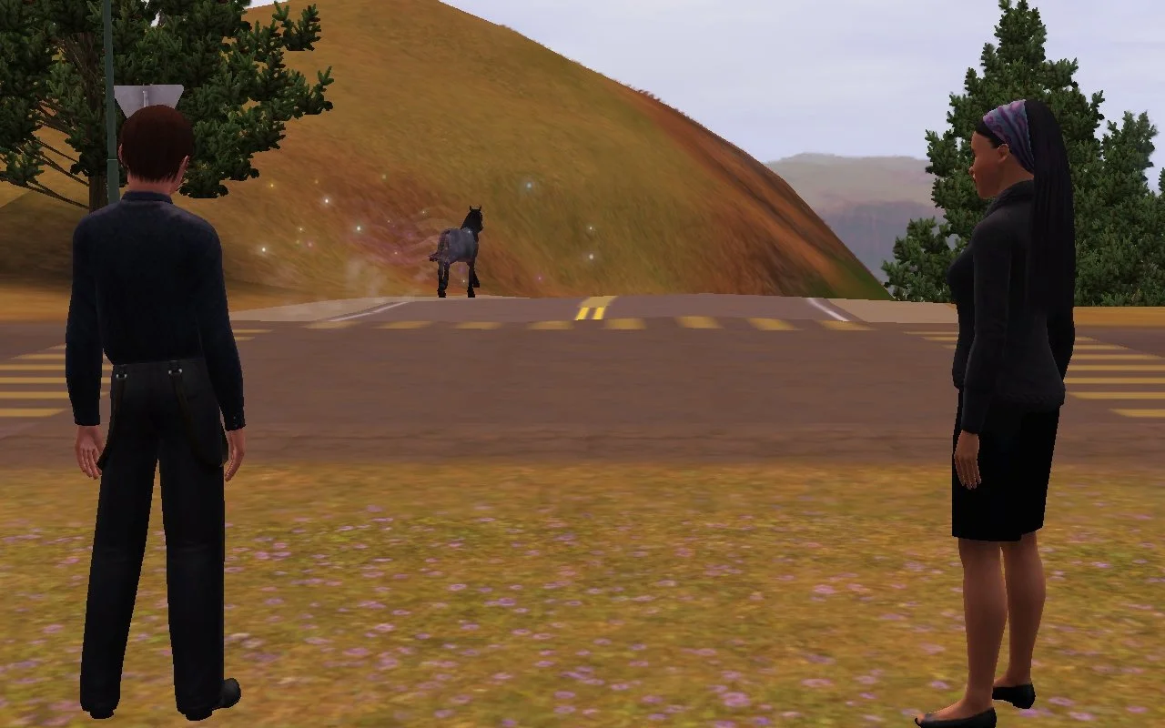 Sims Matthew and Emery stand on either side of the image frame, camera centered on a hilltop road intersection. Aasifa the unicorn is galloping down the crest of the hill, almost out of view, with wisps of wind and numerous sparkles behind her.