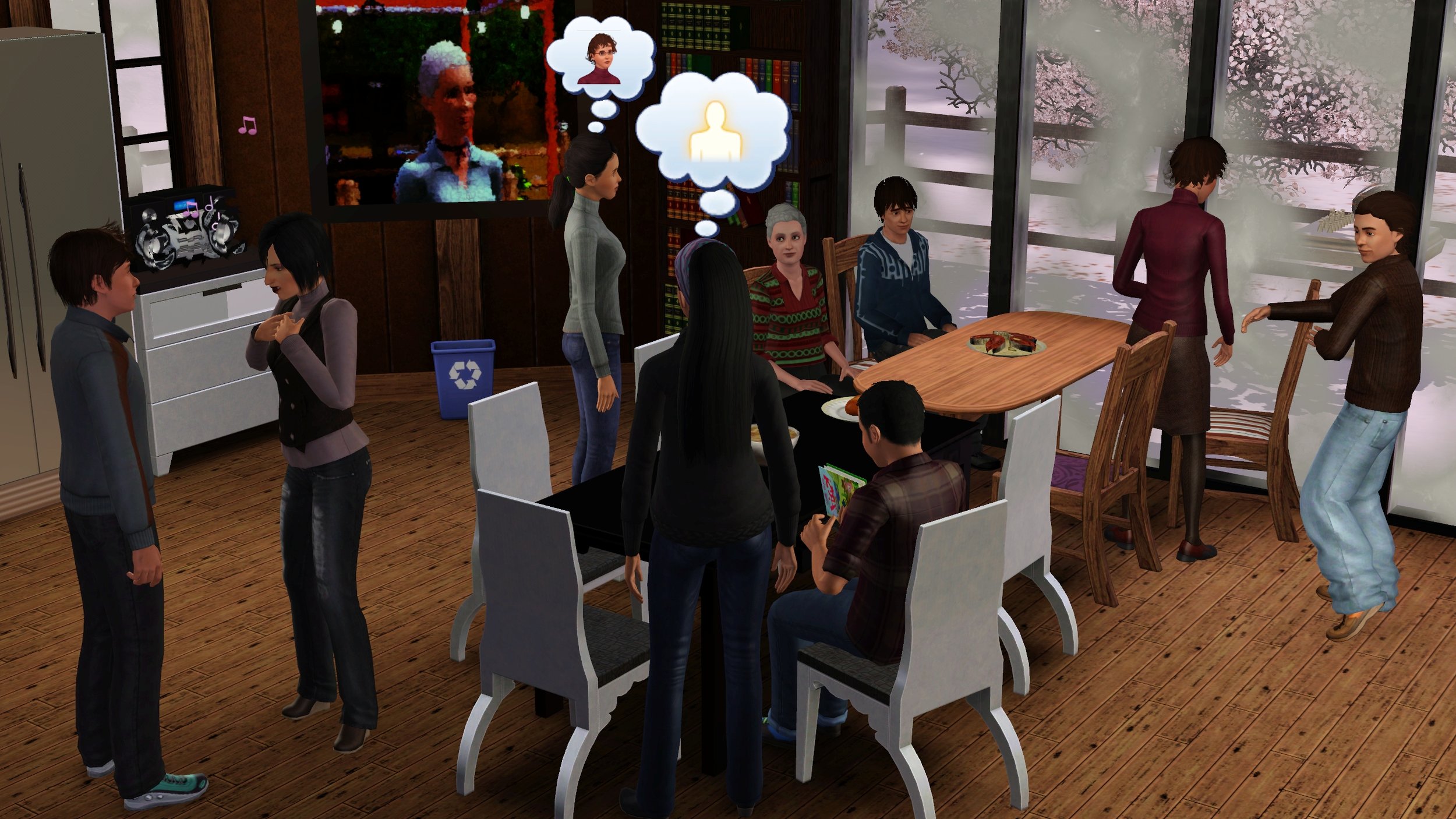 On the left, Matthew faces Colette with hands over her heart. Around 2 dining tables: Dorothy and Emery stand; Bridget, Chase and Mason sit; Aria either getting up or about to sit. Ryker dances behind a chair. Dorothy thinks of Aria’s portrait.