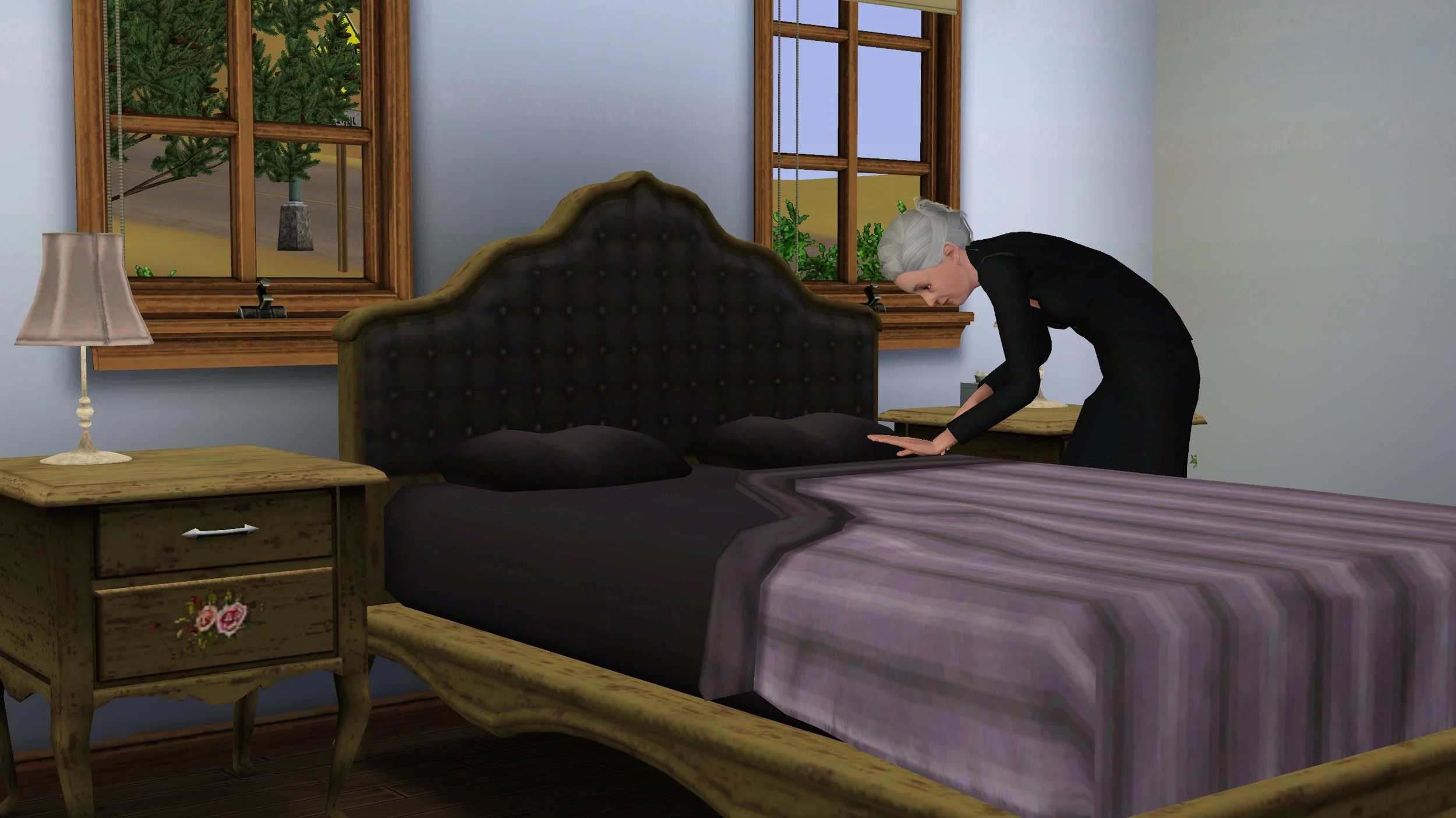 Elder Sim Bridget smoothing a blanket over one side of her bed, dressed in black formalwear.
