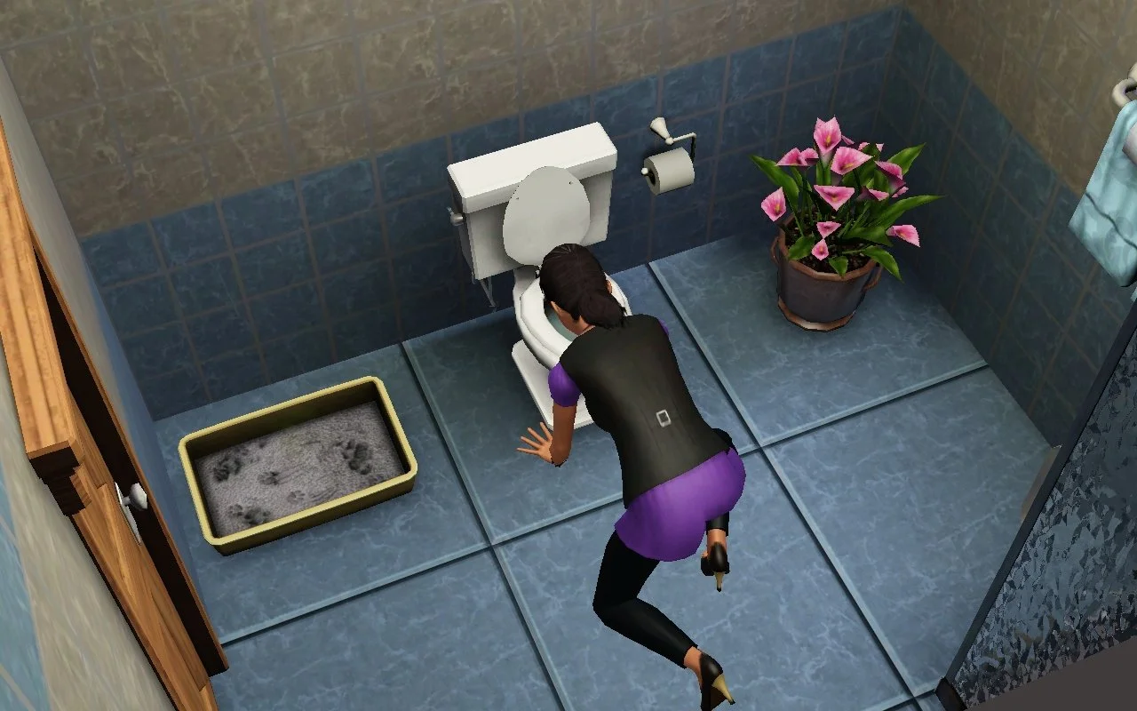 Dorothy on her hands and knees in a bathroom, throwing up into a toilet between a dirty litterbox and a pot of pink lilies.