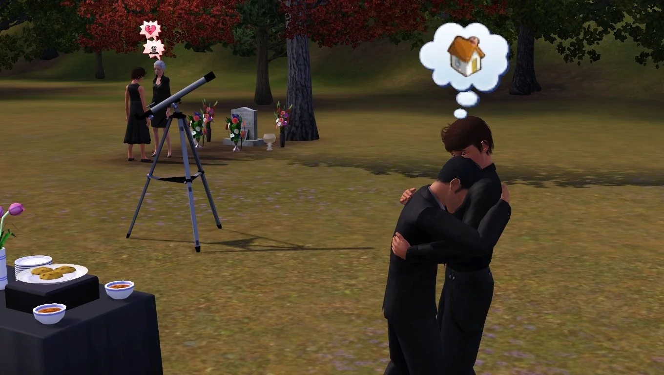 Mason buries his face into Matthew's shirt as they hug. Matt looks deeply concerned and has thoughts of a house. Far behind them, Aria and Bridget stand near Altman's grave, with red distress bubbles of a broken heart and Altman's ghost portrait.