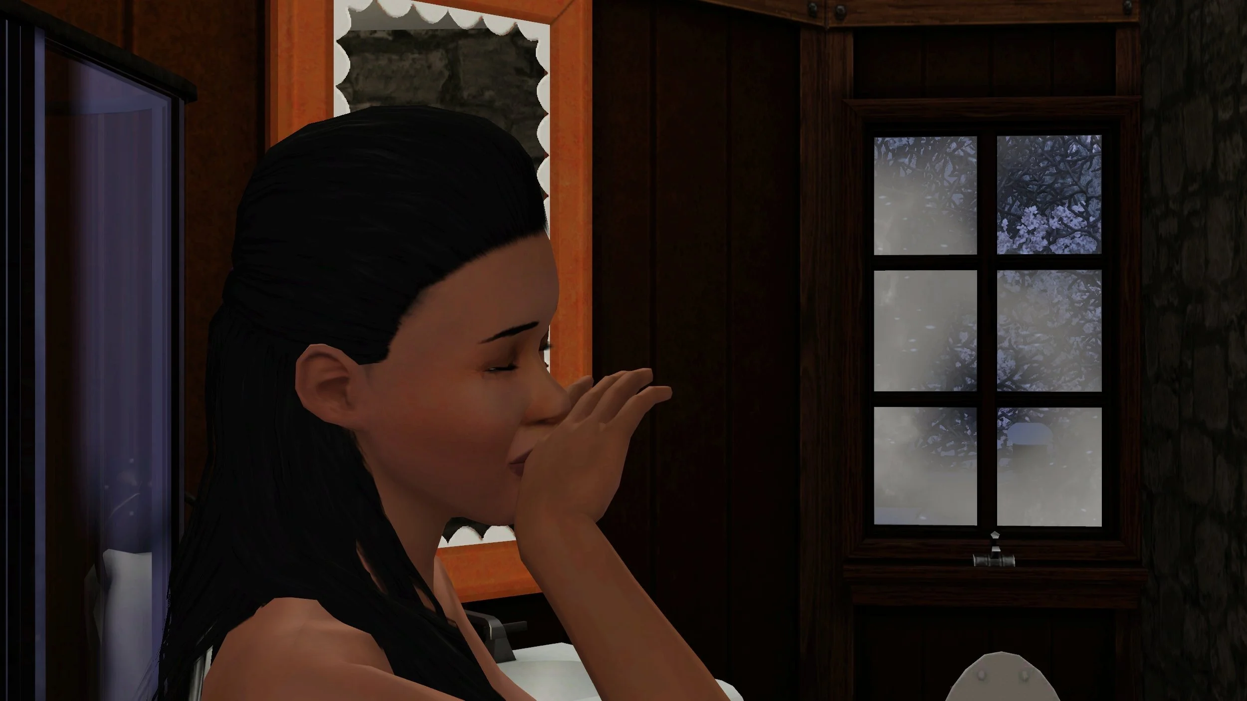 Shown from the side, Emery, closed eyes, holds the back of her hand against the bottom of her nose, slightly over her mouth. Standing next to her shower-tub; no signature headband. Behind her are a bathroom mirror and frosted window.