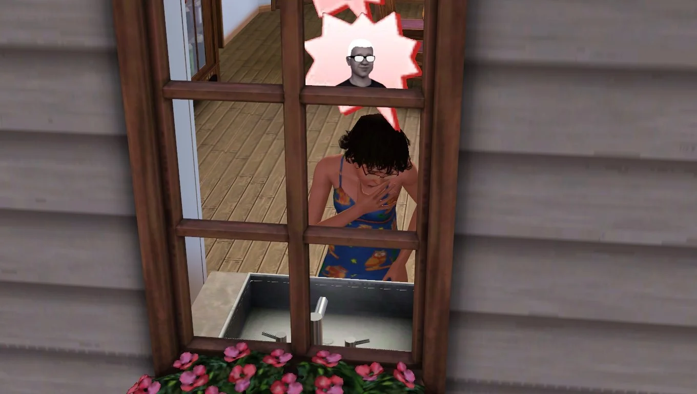 Through a window, a teen Sim girl with glasses and short curly hair leans over a kitchen sink, one hand near her heart and a sad facial expression. Above her head is a red pointy bubble with her father’s ghost portrait. She wears a nightgown.