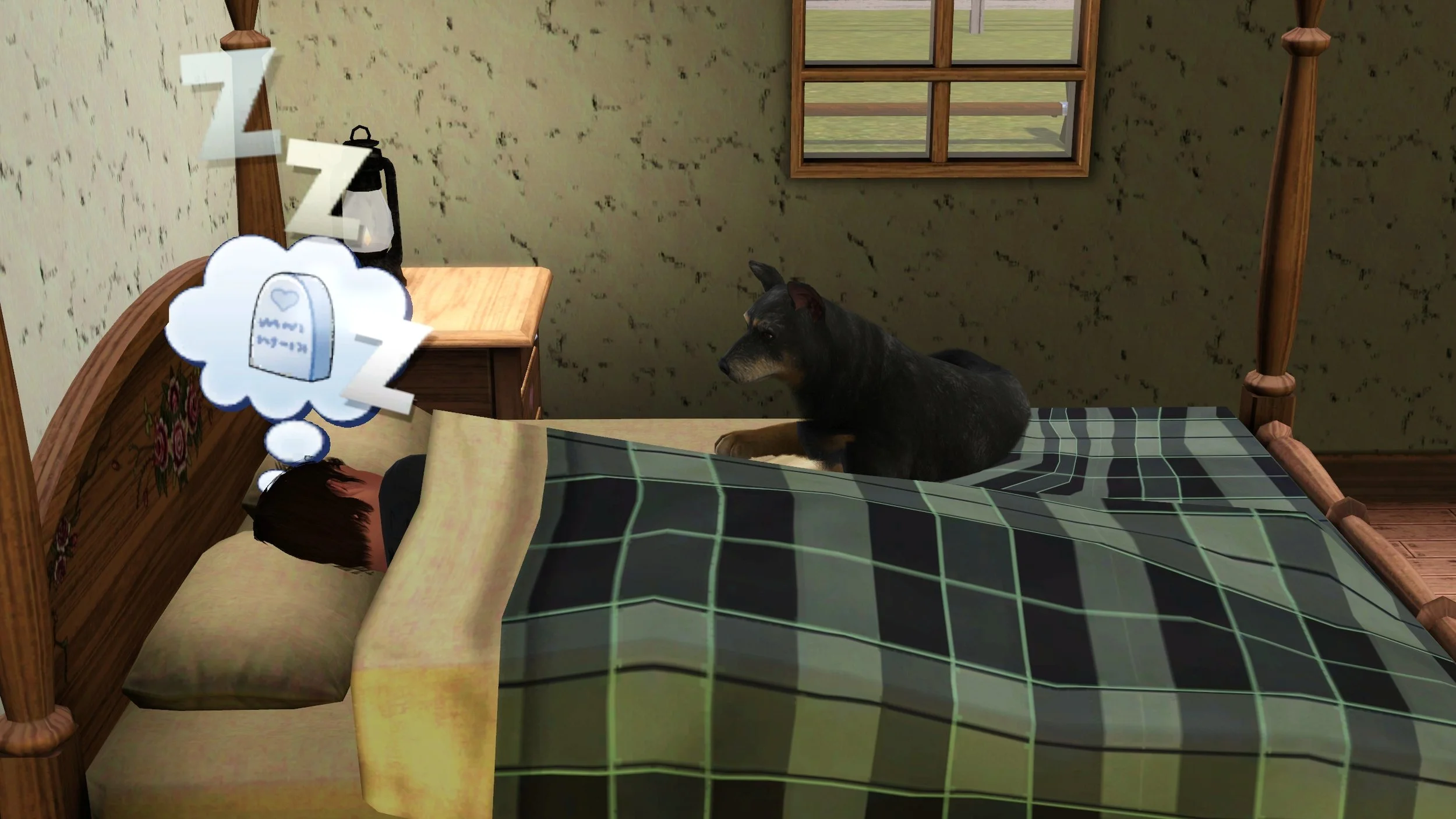 Matthew sleeps during the day (sunny outside the window), with z’s and a thought bubble with a gravestone above his head. Senior dog Petunia lounges on the bed next to him, watching him sleep.