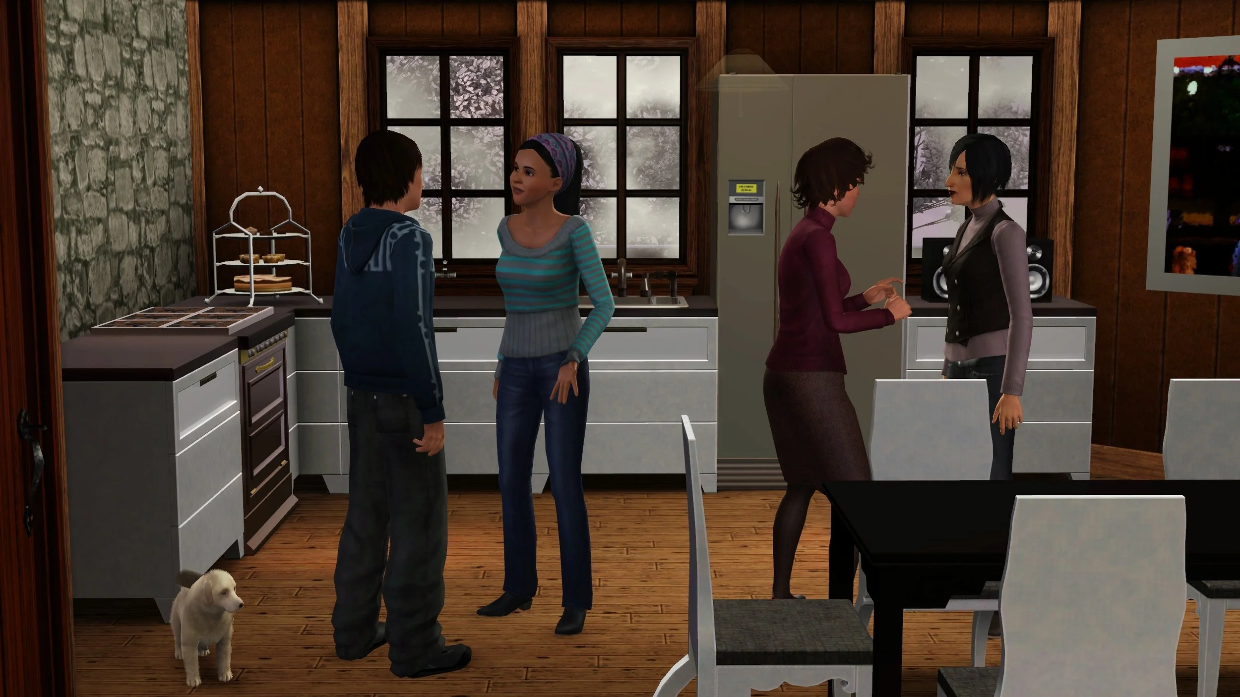 A little white fluffy dog Rusty and four young adult Sims stand between the kitchen counters and dining table. Chase Harley and Emery Tevellyn talk slightly to the left; Aria Tevellyn and Colette Bonnet talk slightly to the right.