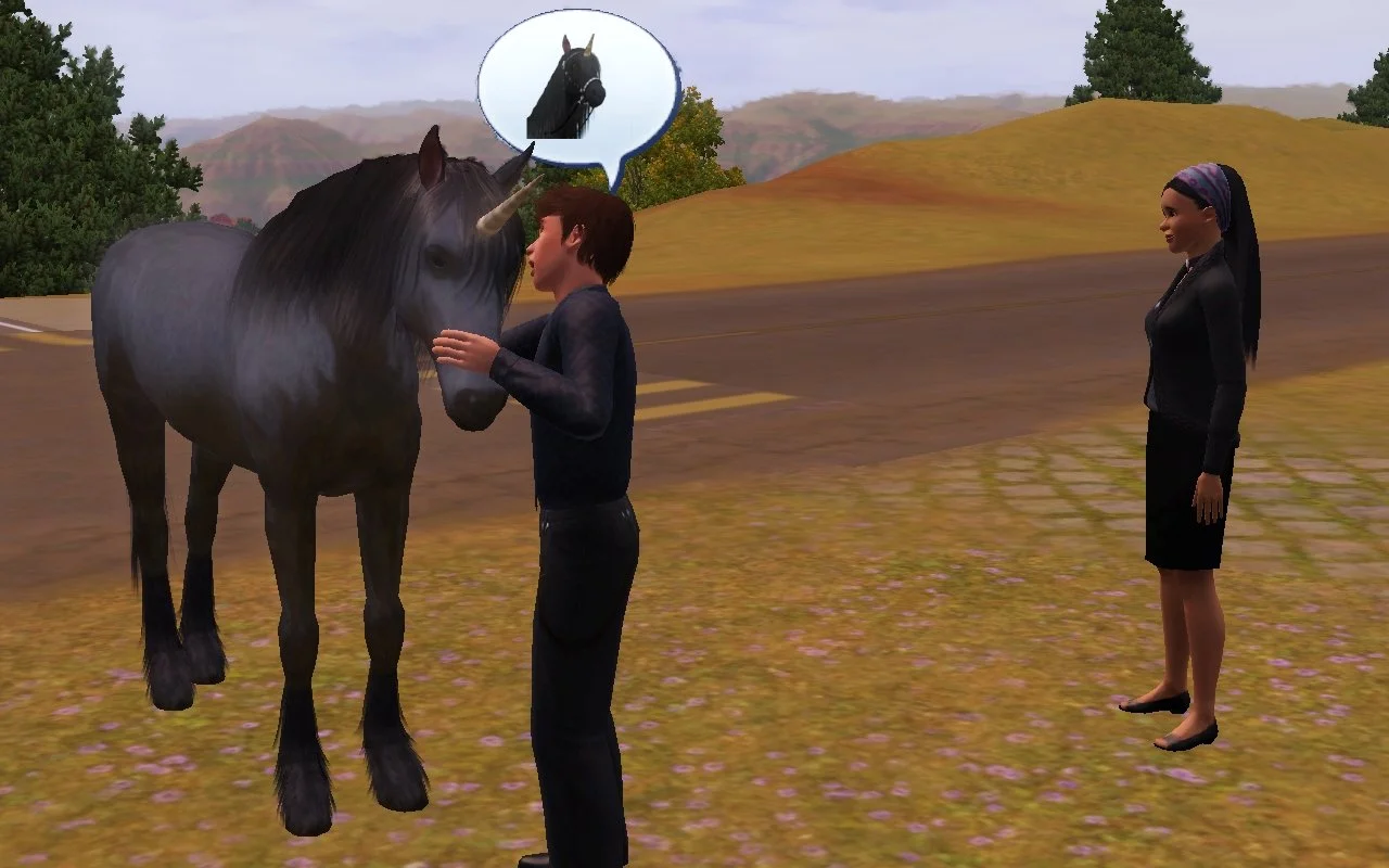 Matthew pets Aasifa the unicorn's neck with his other hand on her snout; a speech bubble over his head shows Aasifa's face. Emery stands nearby. They're at the side of a hilltop road.
