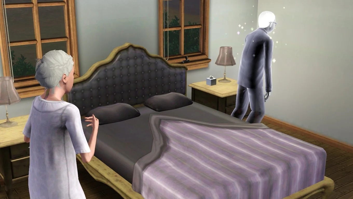 Elder Sim Bridget stands on one side of a bed wearing a nightgown, hands in front of her possibly moving upwards to cover her mouth in shock, looking at a ghost version of her husband Altman, who is facing the wall on the other side of the bed.
