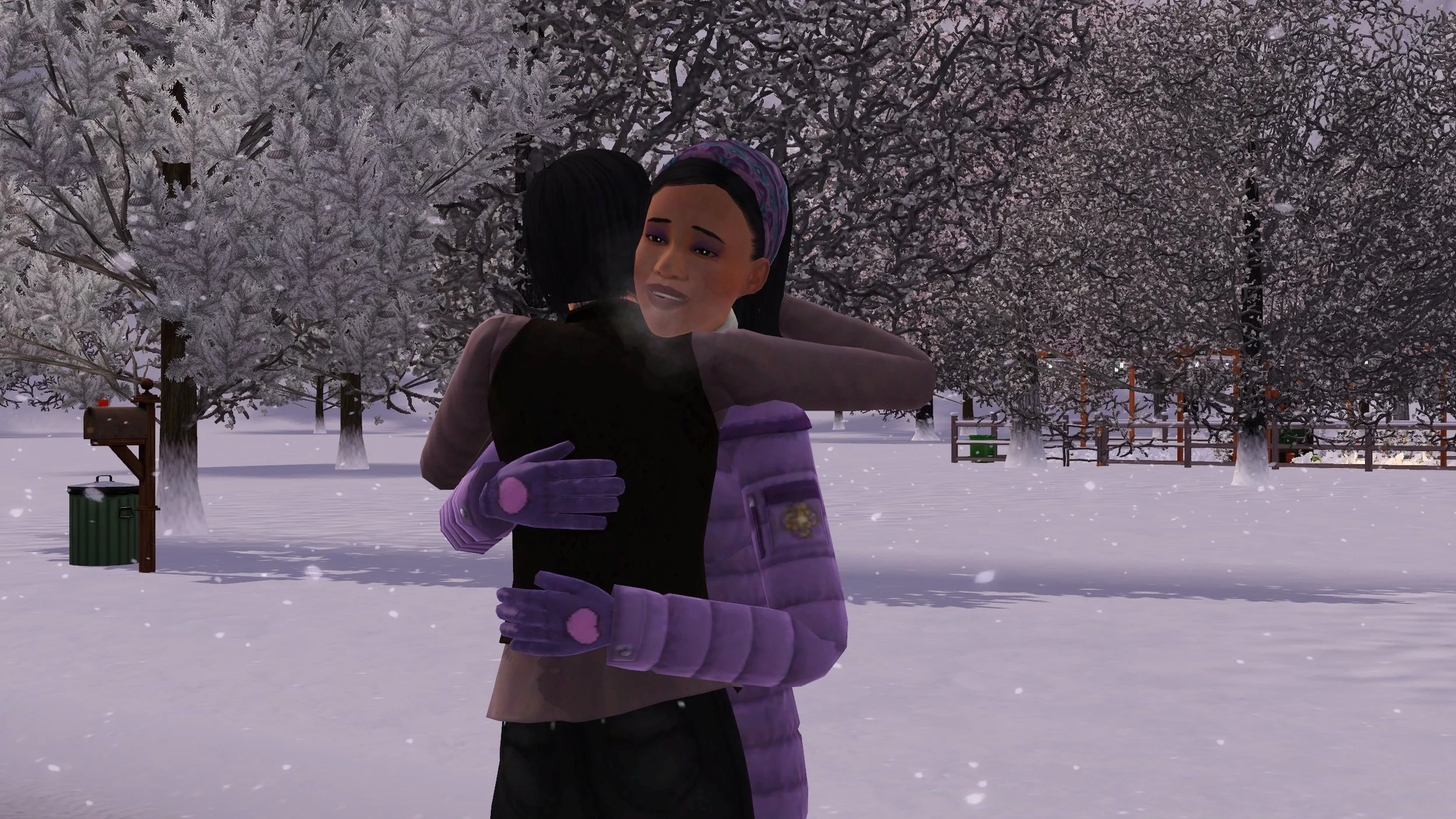 Emery hugs Colette with a relieved expression, her breath a visible puff in the cold air, gloved hands on Col’s back. Colette faces away, one hand behind Em’s head. Snow falls around them. Emery wears a puffy winter coat; Colette a sweater and vest.