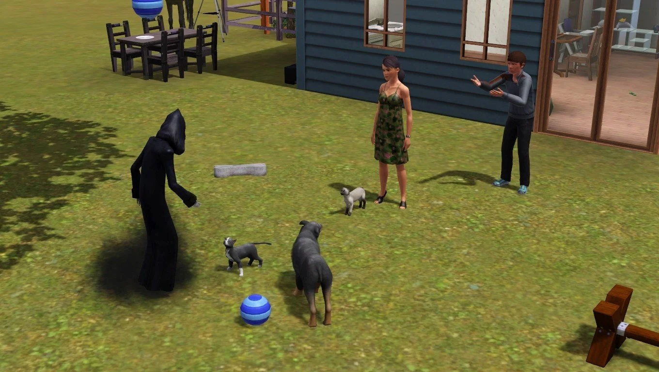 The hooded Grim Reaper looks down and reaches towards small dog Vernon, next to a pet bone-shaped gravestone, large dog Petunia, cat Bellatrix and Sims Dorothy and Matthew. Dorothy wears a maternity dress. Matthew’s arms are outstretched in despair.