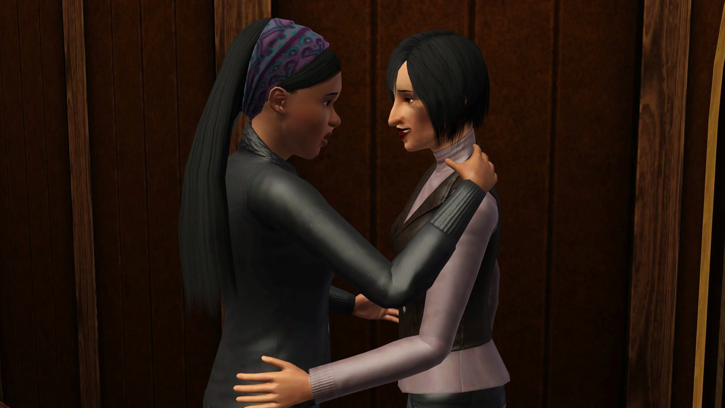 Emery and Colette facing each other; Emery is speaking with a concerned or sad expression, while Colette is smiling with one hand on Emery’s hip. Emery has one hand on Colette’s shoulder and the other moving away from her hip.