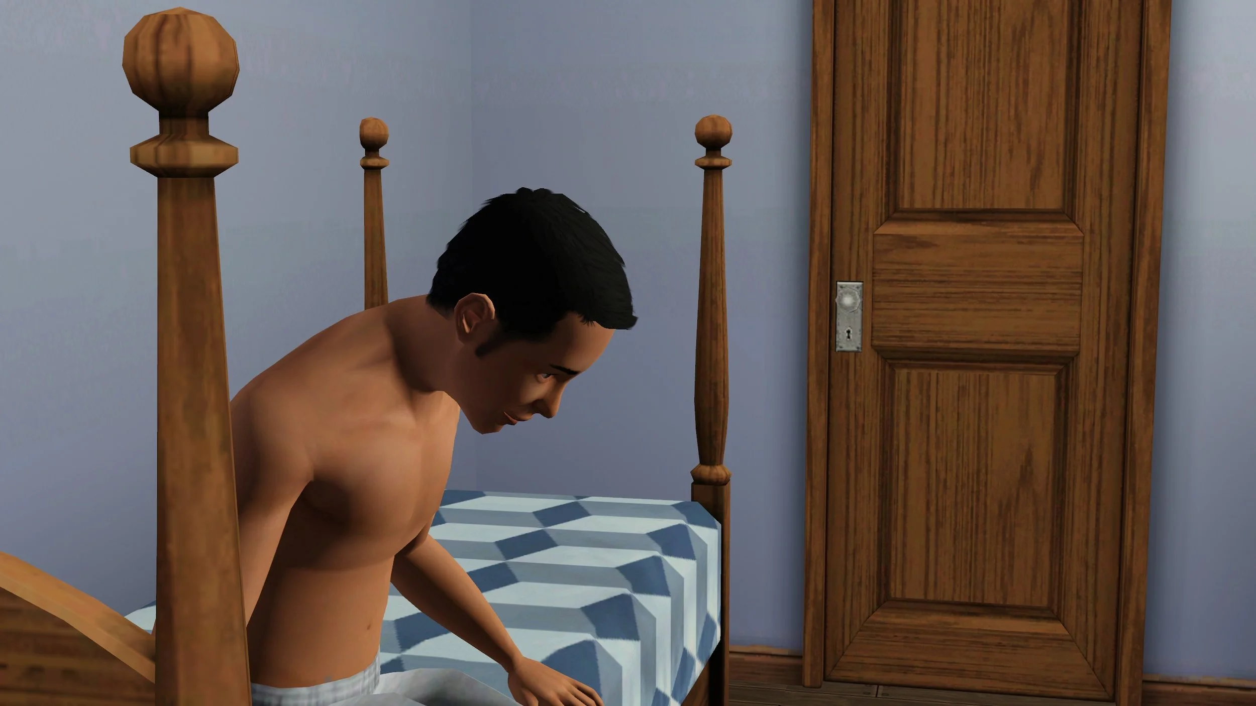Teen Sim Mason sitting on the edge of his single bed, leaning forward, looking at the floor, a hand on one knee. His bedroom door is visible in the background.