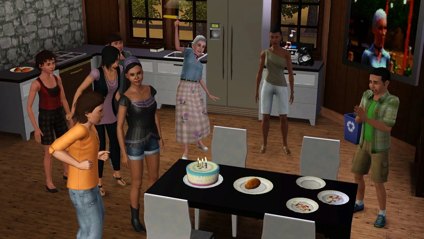Ryker excitedly stands at a birthday cake, elbows back. Next to him stand Emery and Aria, Colette and Matthew smile enthusiastically, and Bridget cheers with a raised arm. Rukiya is on the side by a stereo; Mason claps across the table from Ryker.