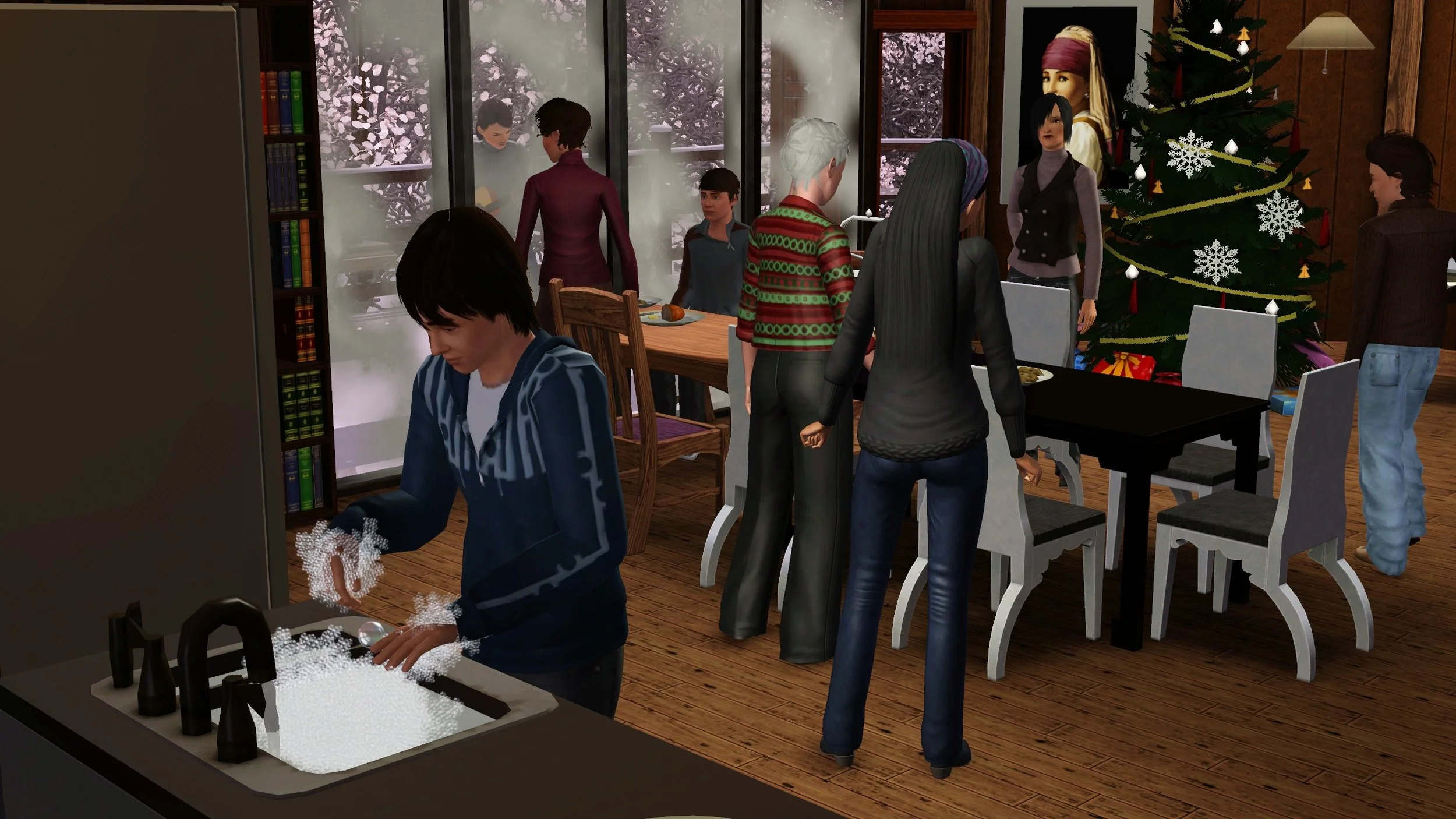 Chase stands over a bubble-filled kitchen sink. Emery, Bridget, Ryker and Colette stand around a table. Matthew sits at a table next to windows, Aria stands across from him, looks out at Dorothy angrily playing an acoustic guitar outside on the deck.