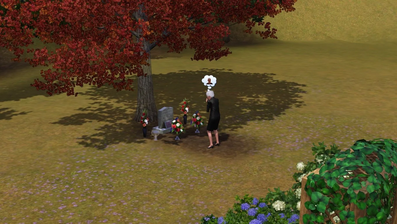 Bridget cries in front of Altman's gravestone, a thought bubble with Altman's living portrait overhead. The camera is zoomed out somewhat; the grave is under a tree, surrounded by vases of flowers and candles, no other Sims are nearby.
