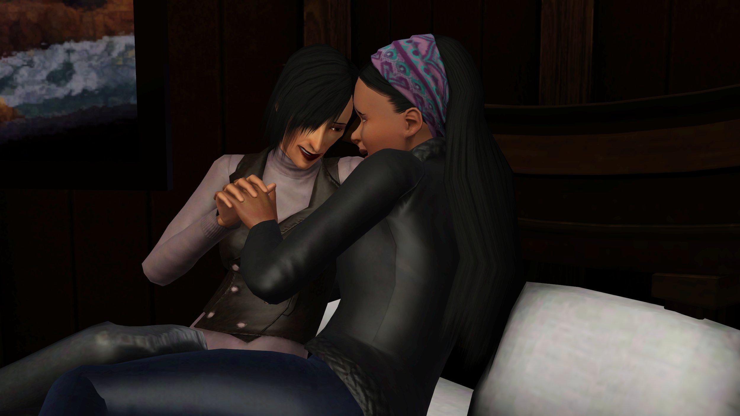 Colette and Emery cuddle sitting up in Emery’s bed, their foreheads touching and small smiles. Their fingers are interlocked, holding hands in front of them.