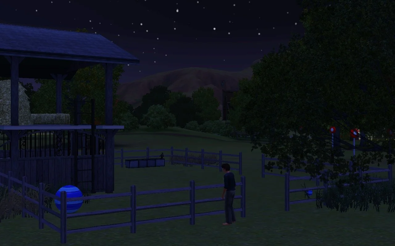 Matthew stands outside the Button Ranch horse paddock at night, next to the fence, wearing pajamas or loungewear. Many stars are visible in the sky, above distant mountains and trees.
