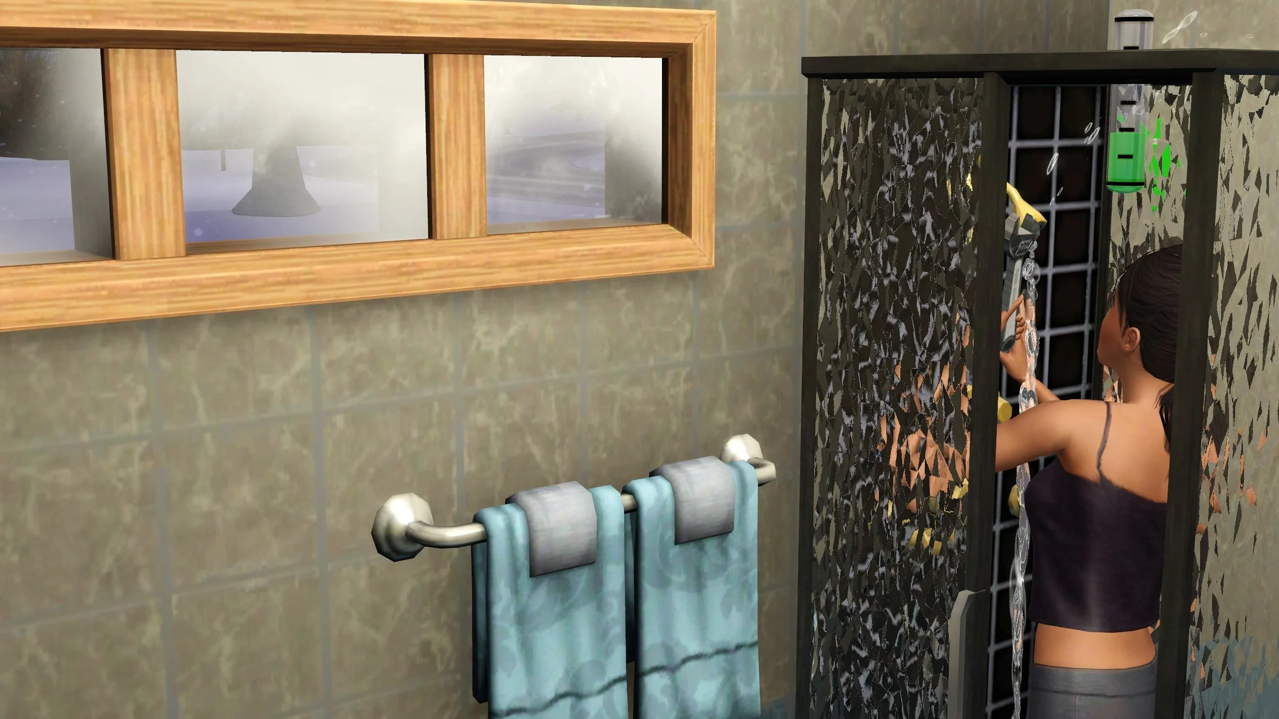 Dorothy uses a wrench on a shower head that’s leaking and spraying, wearing a small tank top and short shorts. The bathroom window is high up on the wall, and frosted from the cold weather outside.