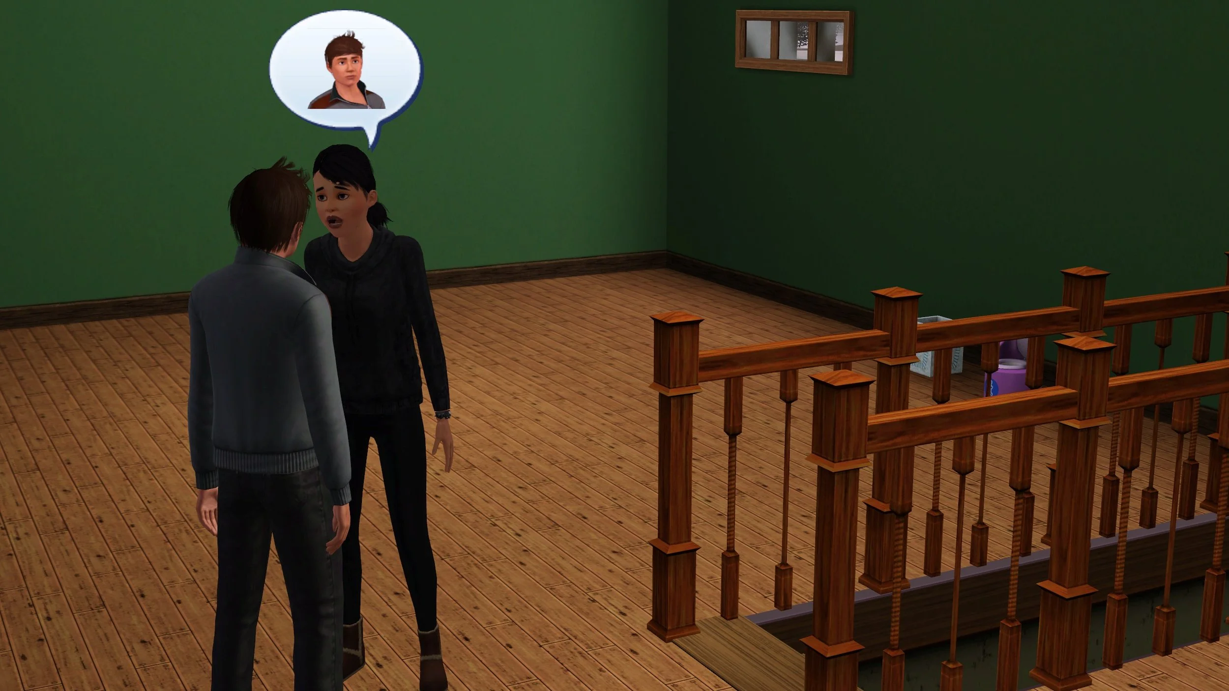 Dorothy speaks to Matthew with a speech bubble of his portrait overhead; they’re facing each other near a staircase with railings in a mostly empty room except for a toddler potty and trash can.