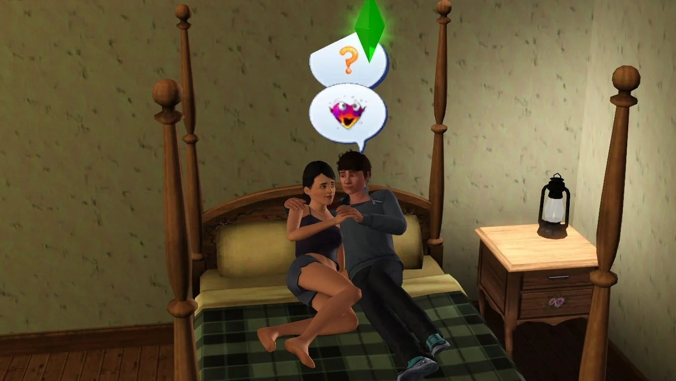 Dorothy and Matthew cuddling on their bed, looking at each other. Matthew has 2 speech bubbles above his head showing a question mark and the woohoo icon.