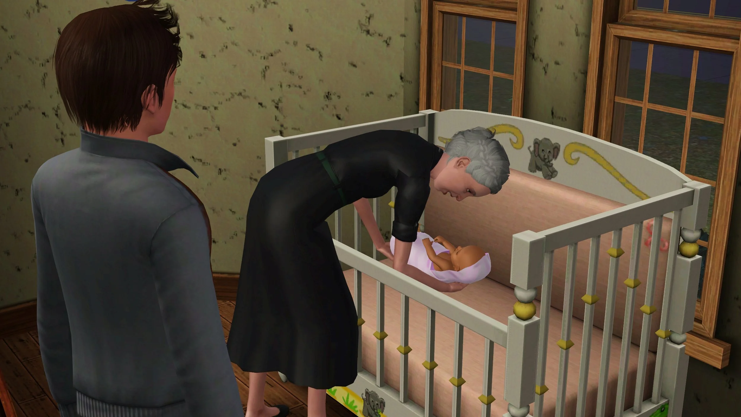 Elder Sim Bridget lowers baby Mara onto a plush pink mattress in a white-painted wood crib, watched by Matthew, a Young Adult Sim.