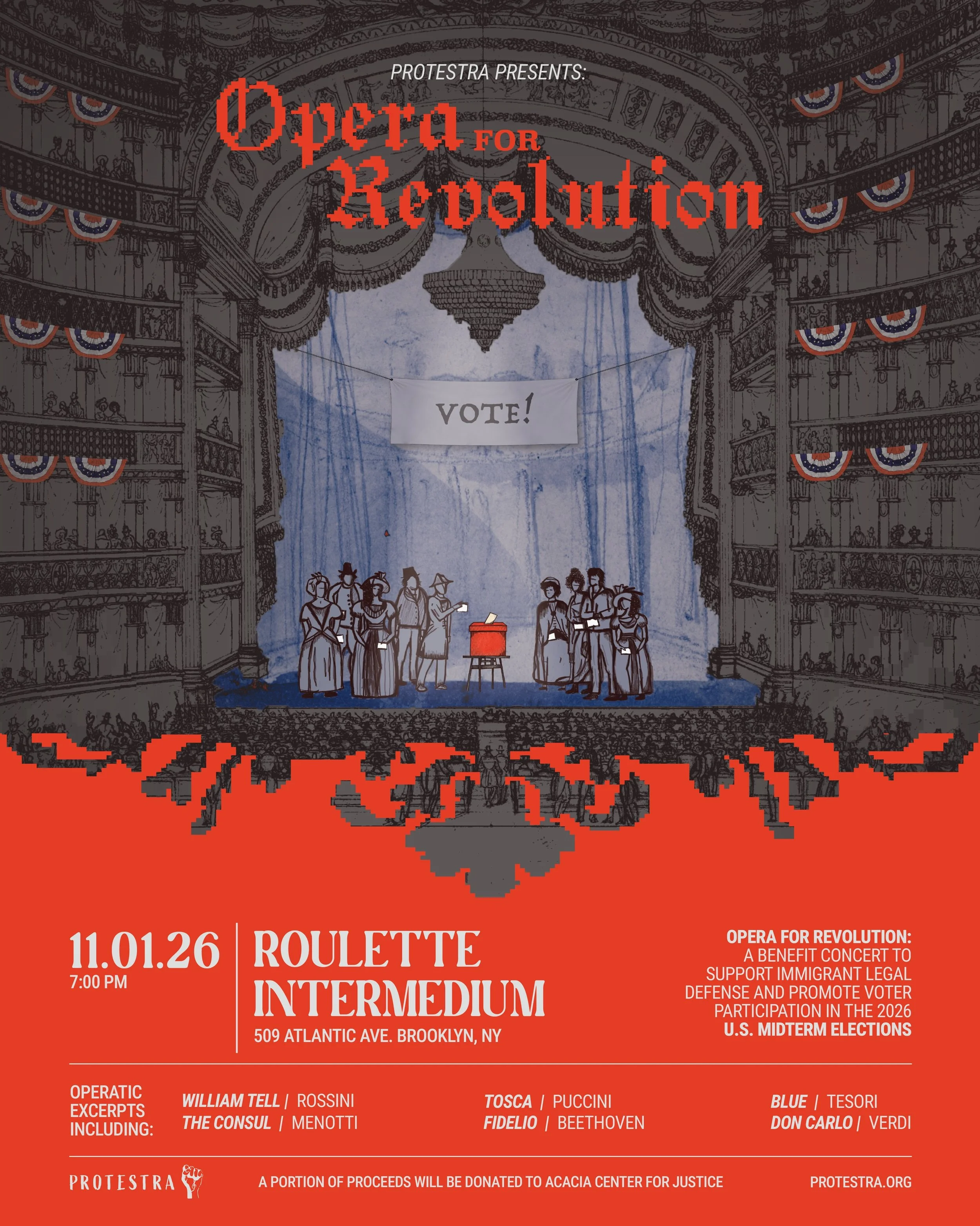 #360ofOperaRecommends 💫

✊ 𝐎𝐏𝐄𝐑𝐀 𝐅𝐎𝐑 𝐑𝐄𝐕𝐎𝐋𝐔𝐓𝐈𝐎𝐍 presented by @protestra_ 

🗓️ November 1 @ 7 pm

📍@roulette_intermedium

🇺🇸 The concert of operatic excerpts highlights urgent social issues, interrogates power structures in the 