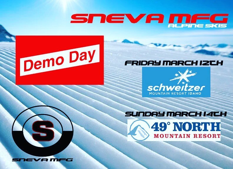 Demo Days Come up enjoy some sun and ski. Friday March 12th @schweitzer_mountain and Sunday  March 14th @49degreesnorth