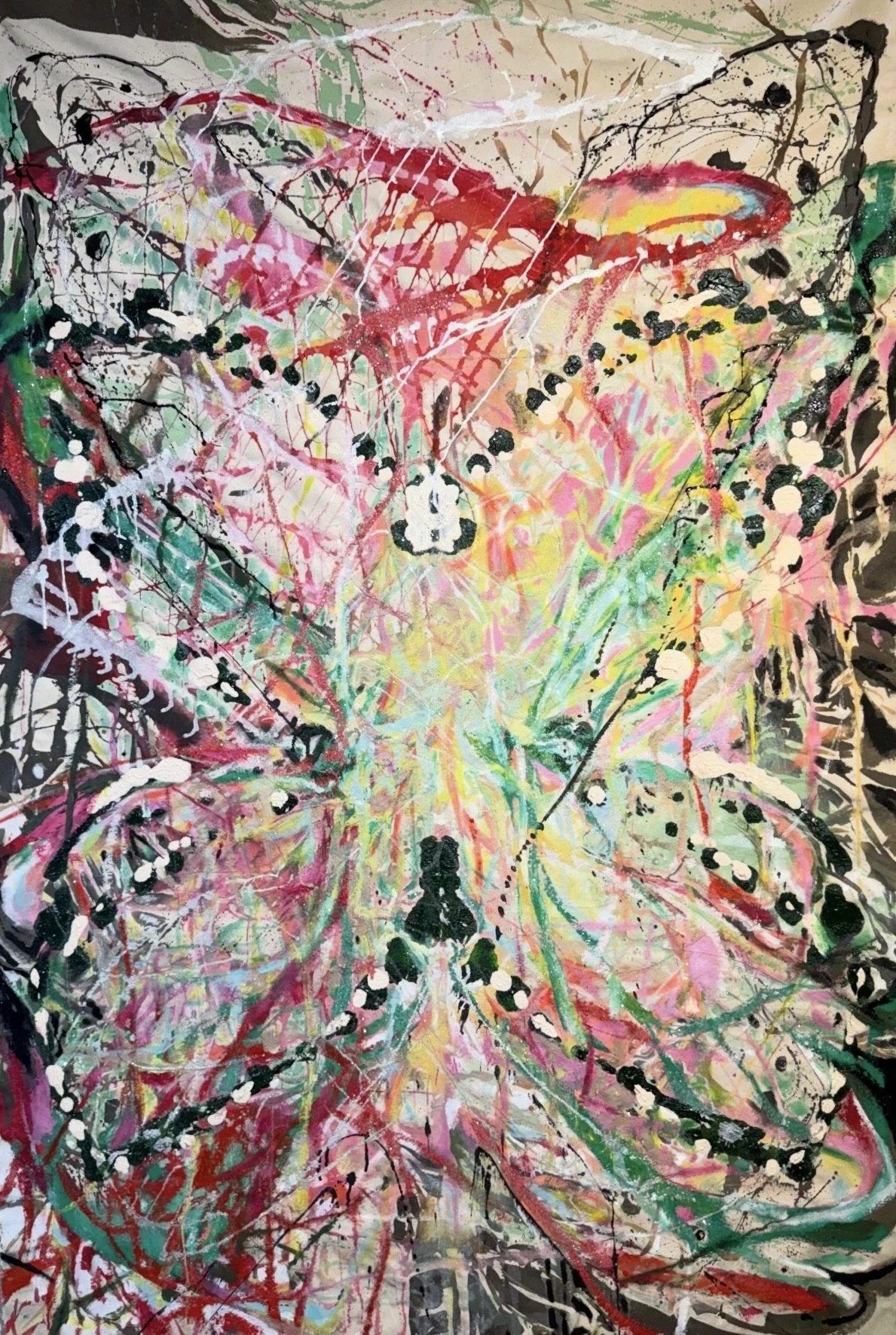 963 Field
5.5 x 3.5 ft
Acrylic, ink, glitter, and collage on raw canvas
2026