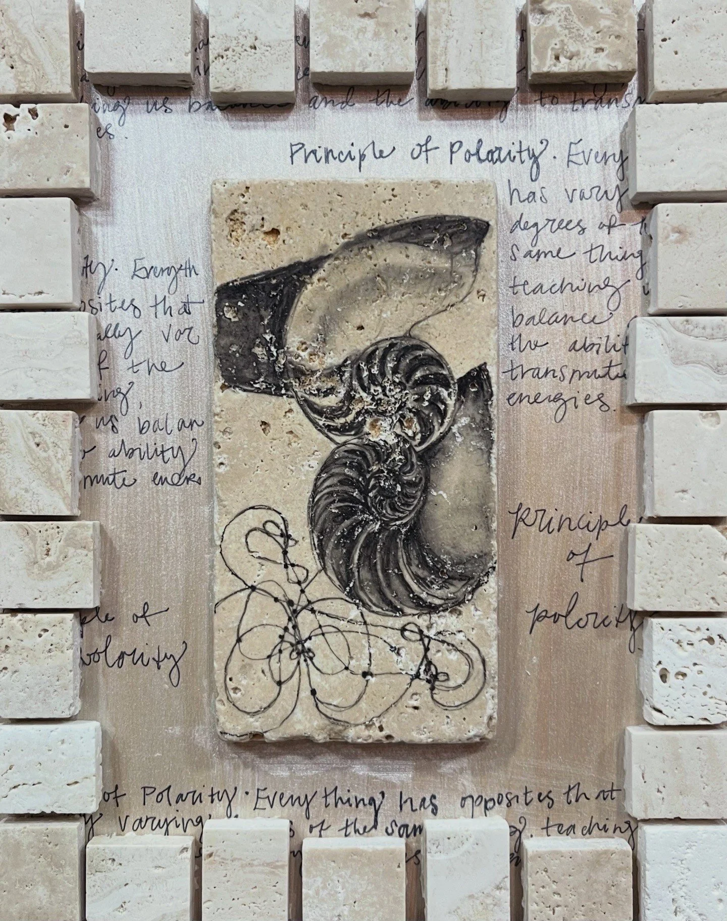 Principle of Polarity (SOLD) 11 x 9 ink, charcoal, and travertine on hardboard 2026