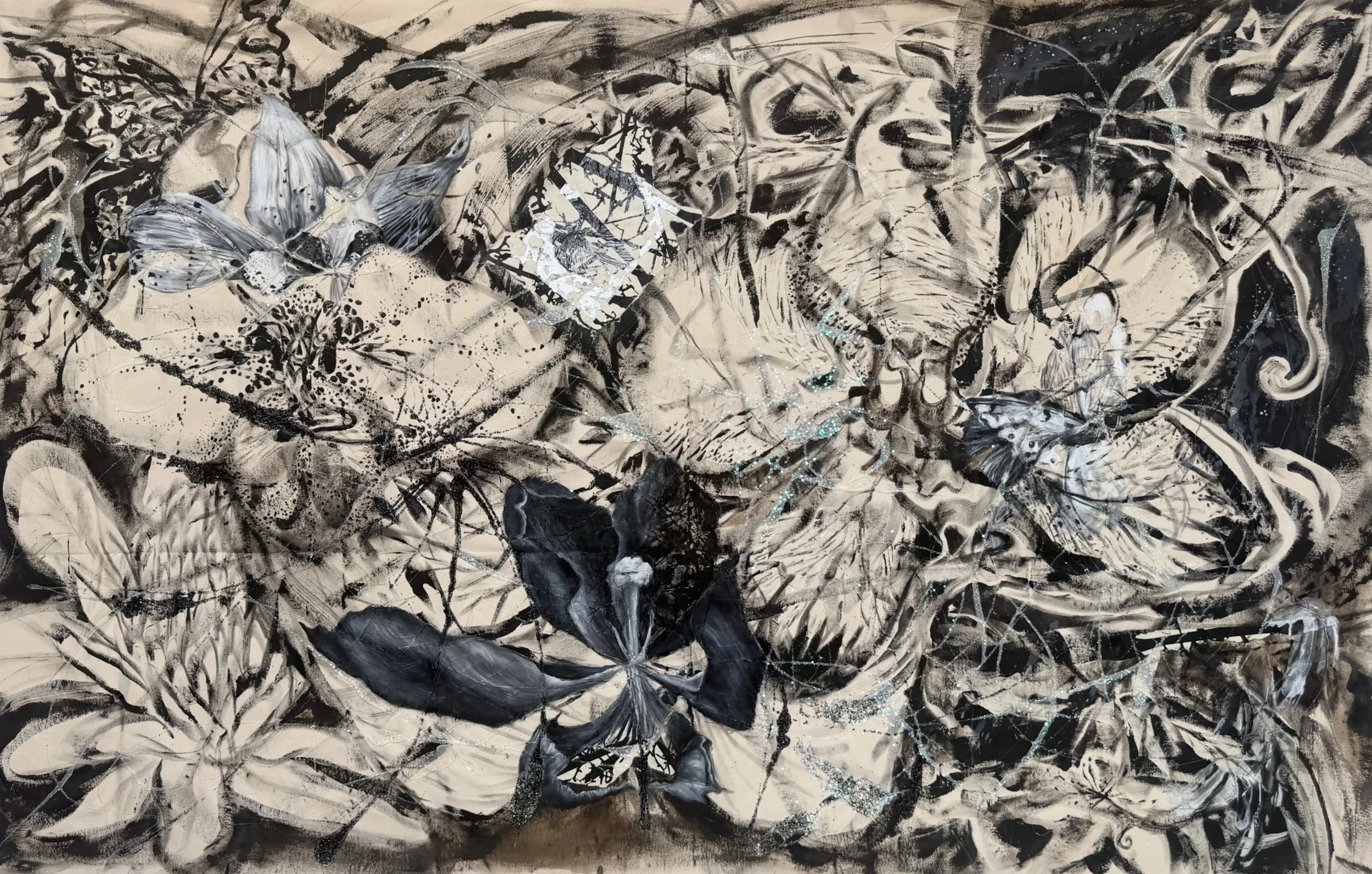 Magnetic Compass for the Butterflies
4 x 6.5 ft
oil, ink, acrylic, and glitter on canvas
2026