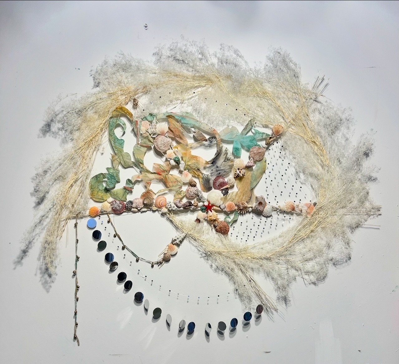 Coming Through in Waves 5 ft X 5 ft shells, mirrors, thread, bells, silk, sequins, and dried botanicals $5,000 2025