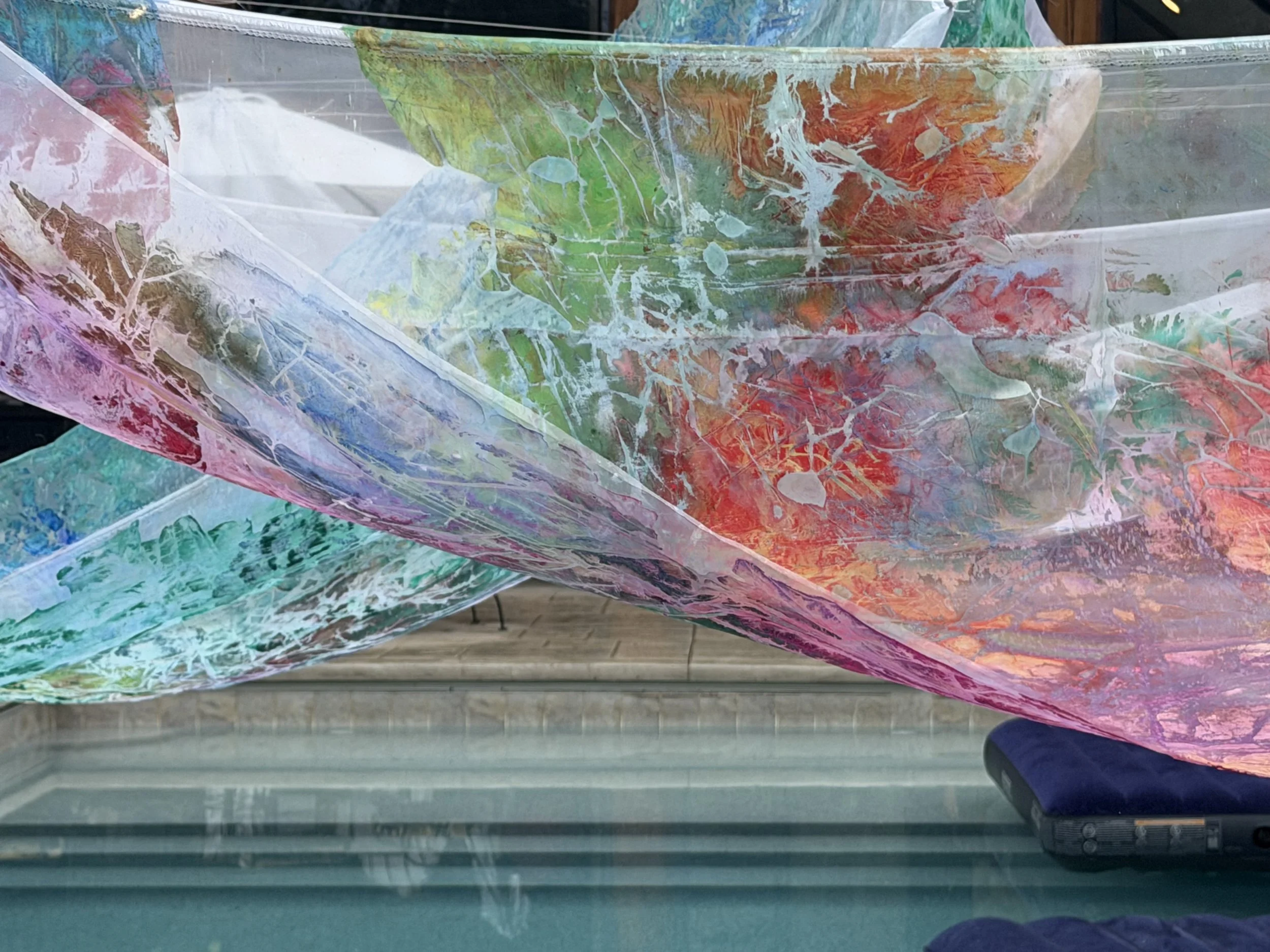 FEEL THE GOOD VIBES Floating Sound Bath
20 ft x 14 ft acrylic and ink on silk Private Residence Denver, CO 2026