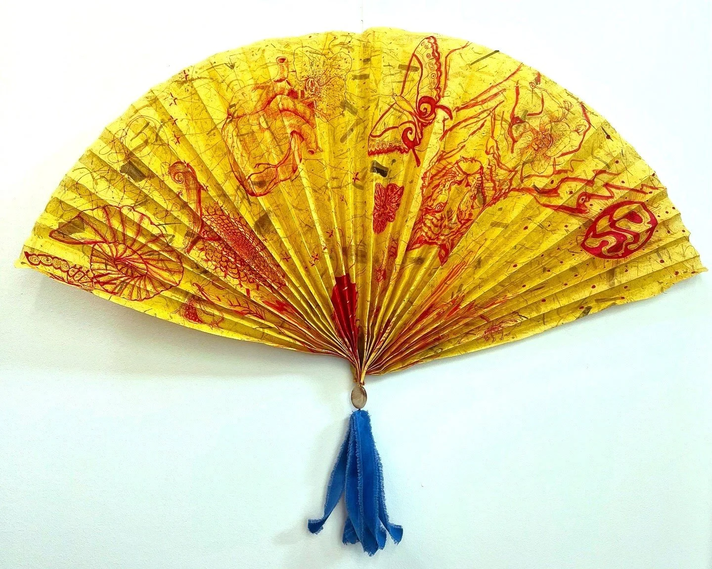 Vortex Fan Yellow 37 x 18 ink on kozo paper, agate stone, and velvet 2026