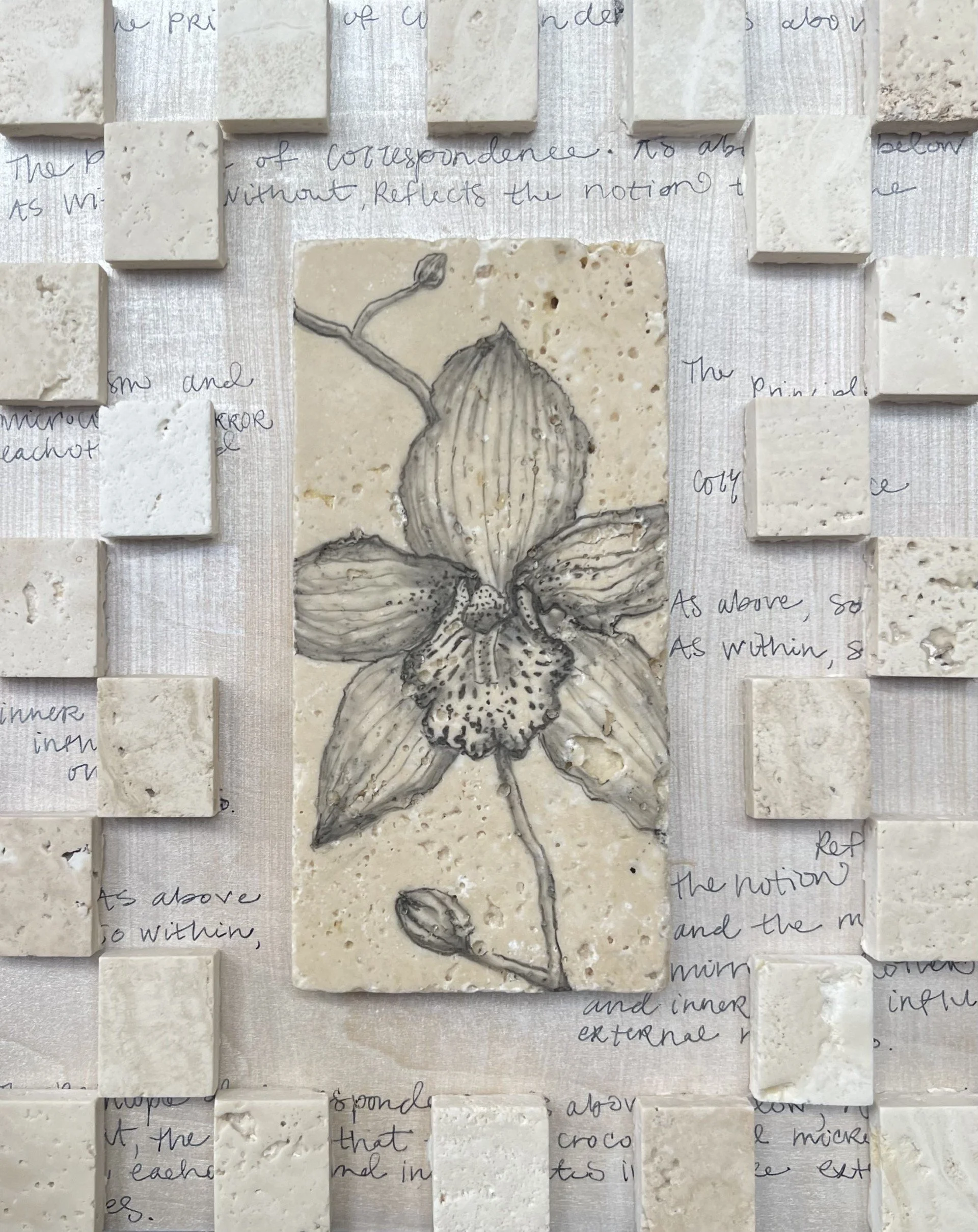 Principle of Correspondence (SOLD) 11 x 9 ink, charcoal, and travertine on hardboard 2026