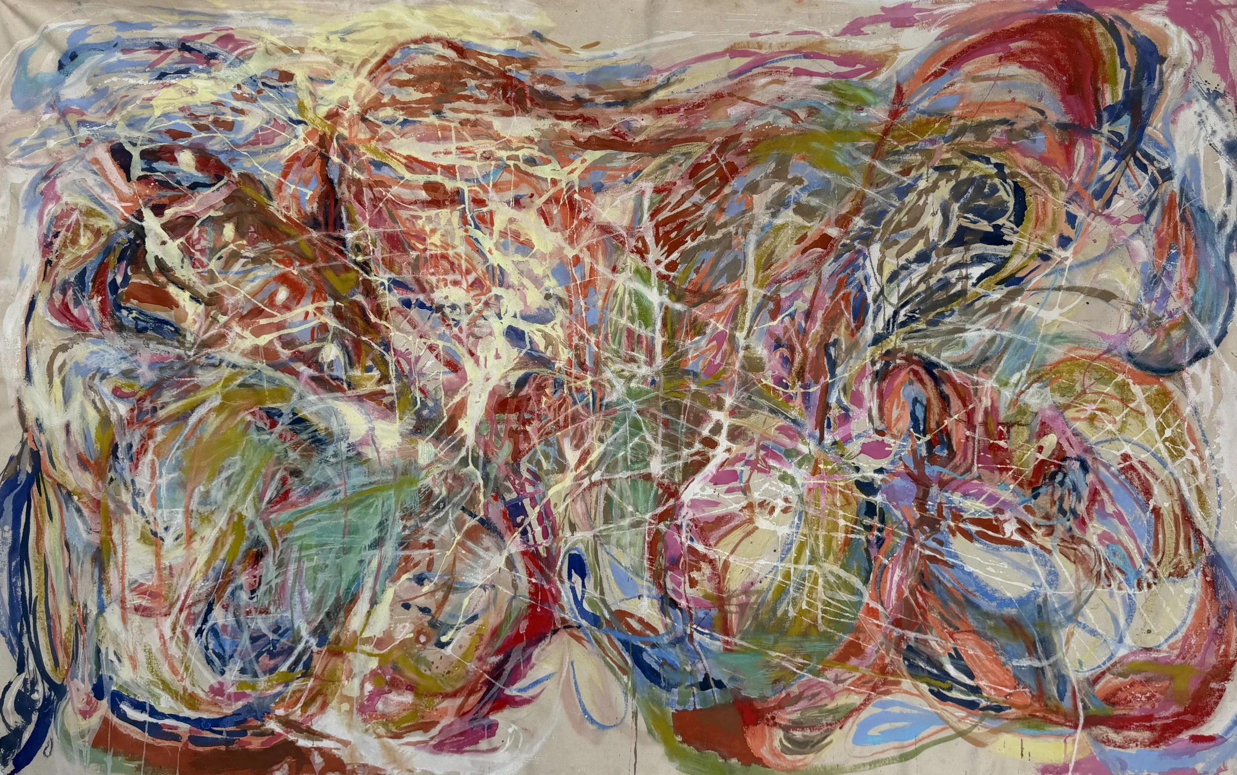 Grief Birthing Epiphany
75 X 47 inches
oil, acrylic, ink, and oil pastel on raw canvas
2026
