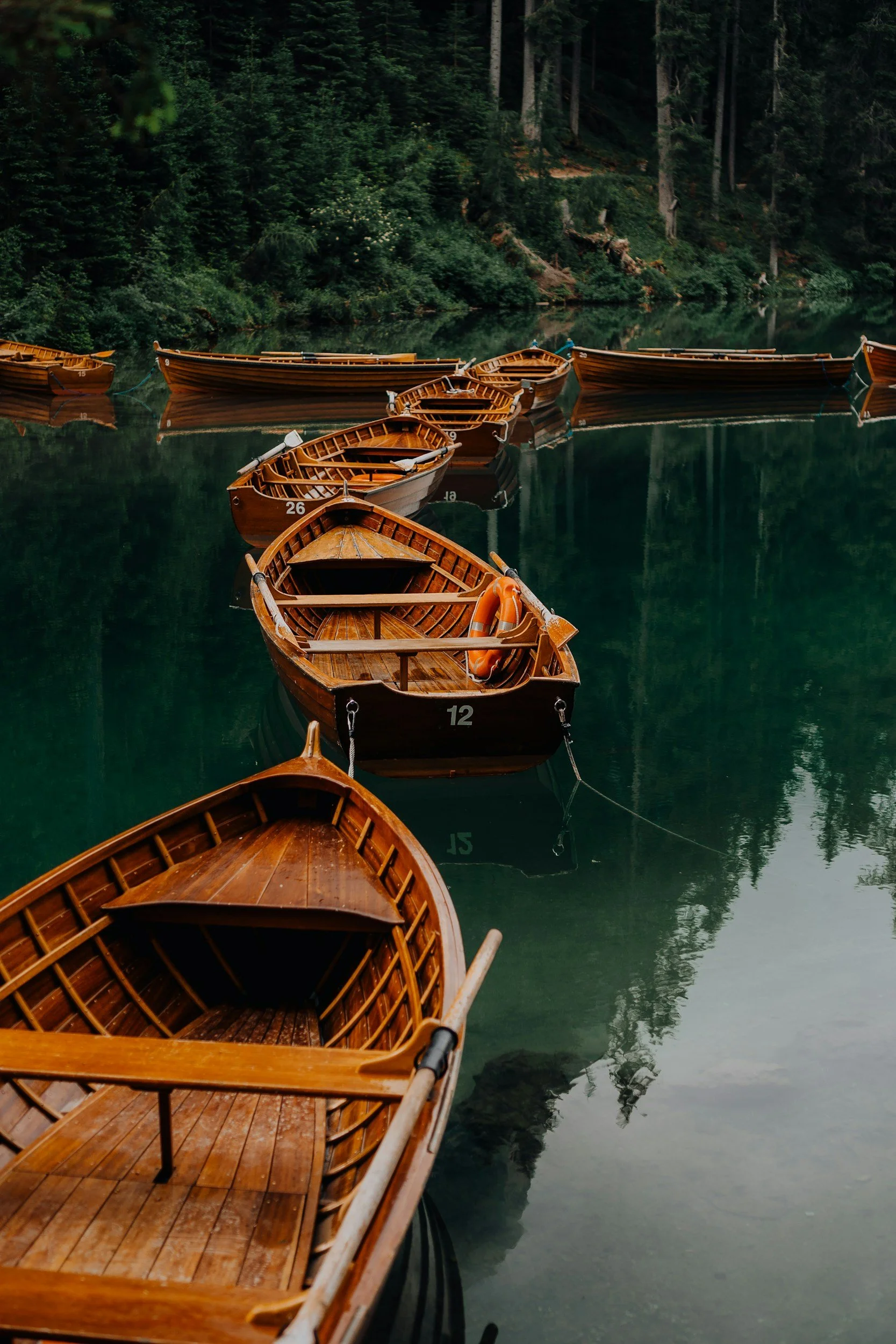 Multiple wooden rowboats floating on a calm lake with a forested background.