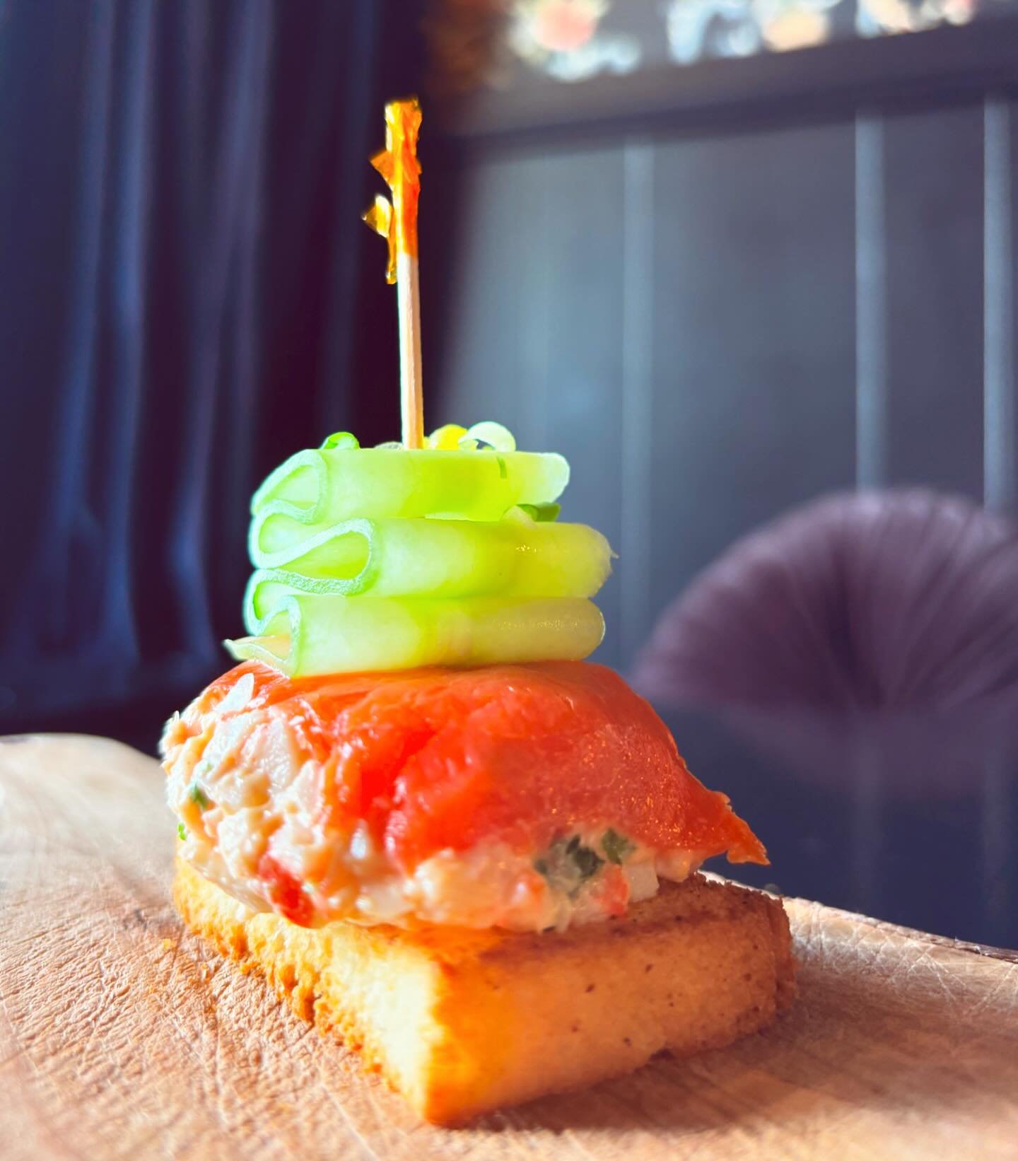 Always something new in the Pintxo case! 

Pintxo de Pacifico 
Smoked salmon, imitation crab salad, olive oil &lsquo;caviar&rsquo; on brioche. 
This one&rsquo;s inspired by a Pintxo we enjoyed near Playa Zurriola in San Sebasti&aacute;n, and yet it t