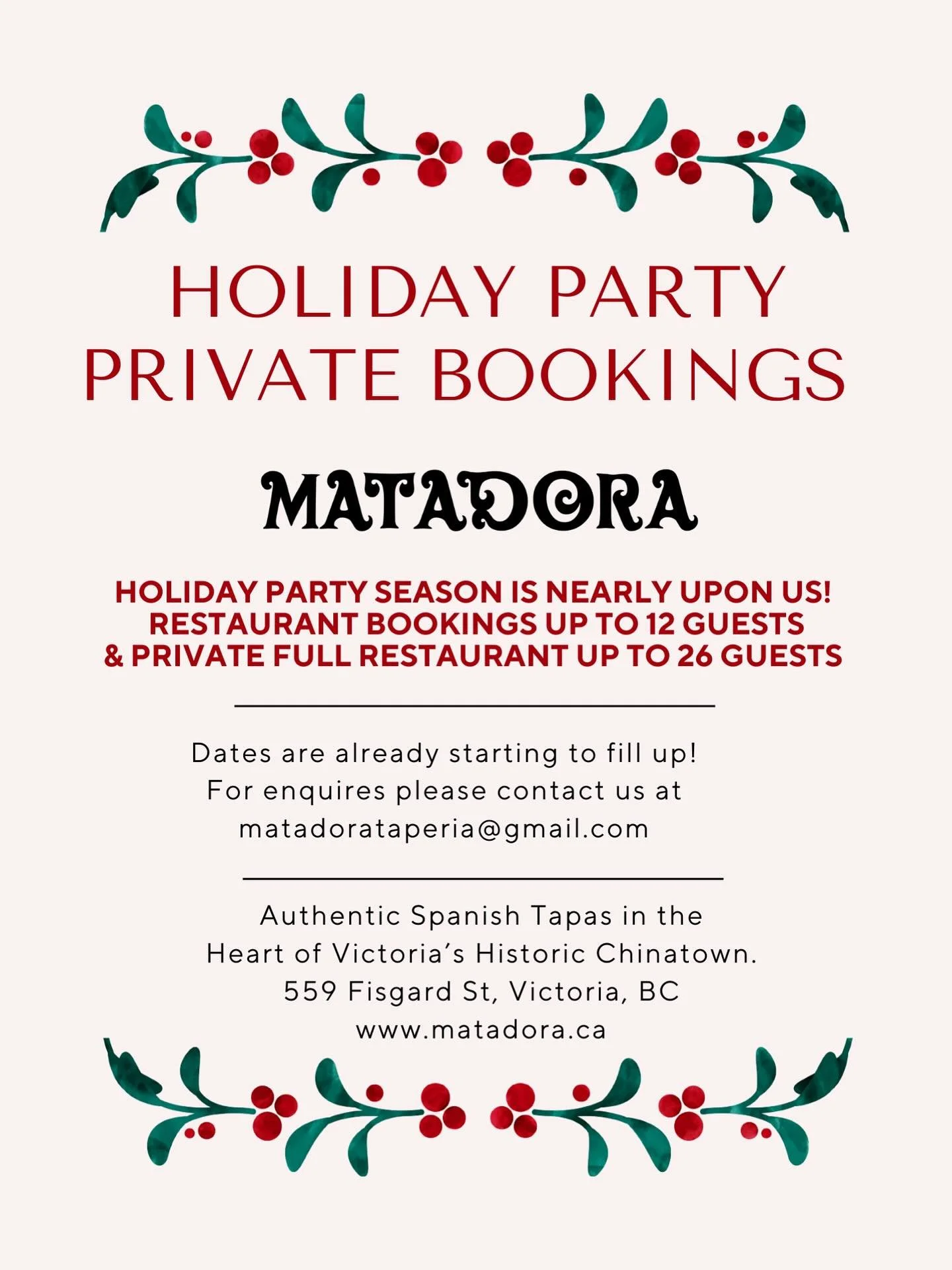 We are now accepting Holiday Party Bookings! 
💃🏻💃🏻💃🏻

Book out the entire Matadora Restaurant for an evening of celebration with either a seated tapas dinner or a cocktail party friendly &lsquo;pintxo party&rsquo; for up to 26 guests. 

We are 