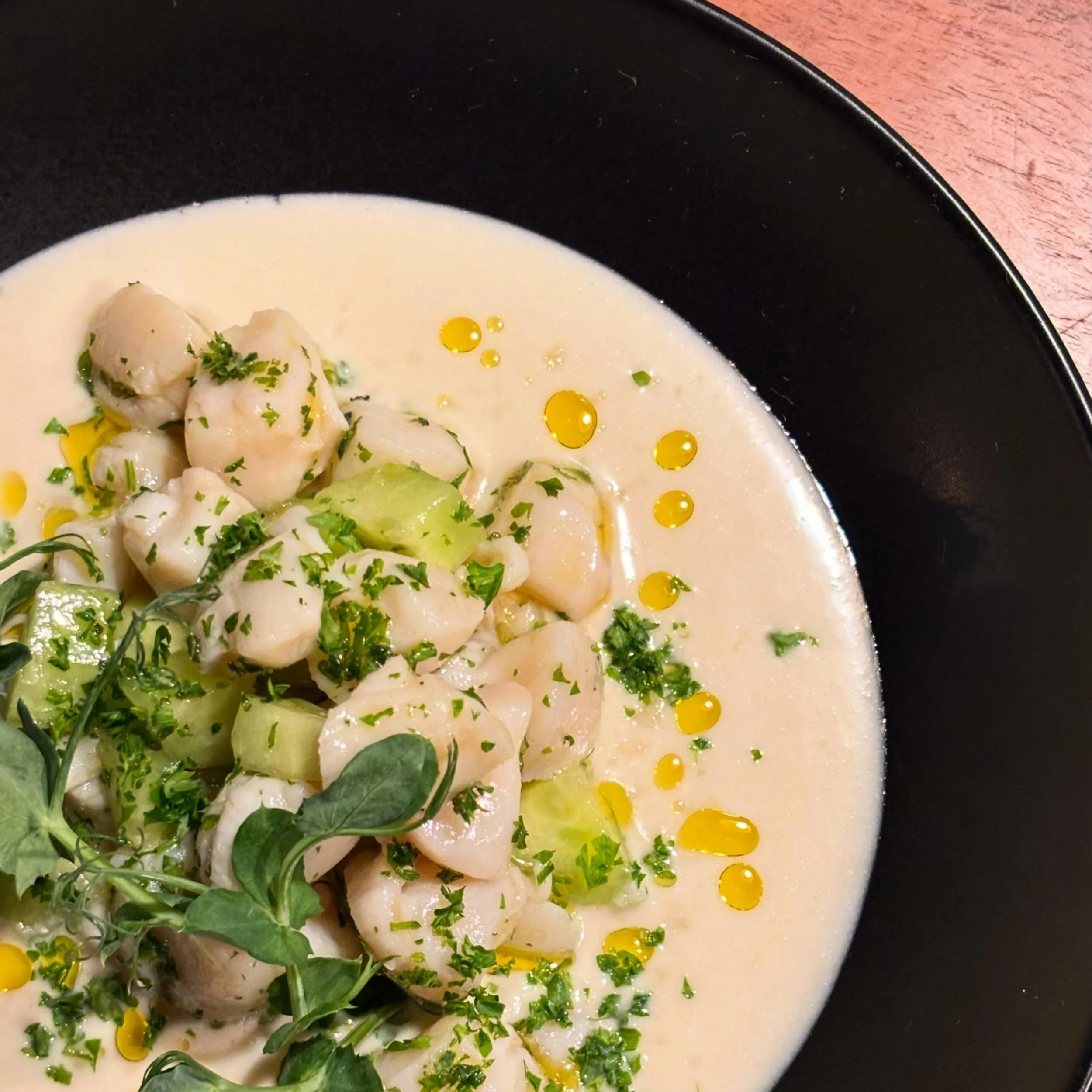 Ajo Blanco &amp; Scallops
Andalusian white almond ceviche, Perez Barquero Reserva Seco Sherry Vinegar, Spanish extra virgin olive oil. 
On feature this week. 
🪭💃🏻🪭
Matadora Tapas 
Authentic Spanish Tapas in the Heart of Victoria&rsquo;s Historic 
