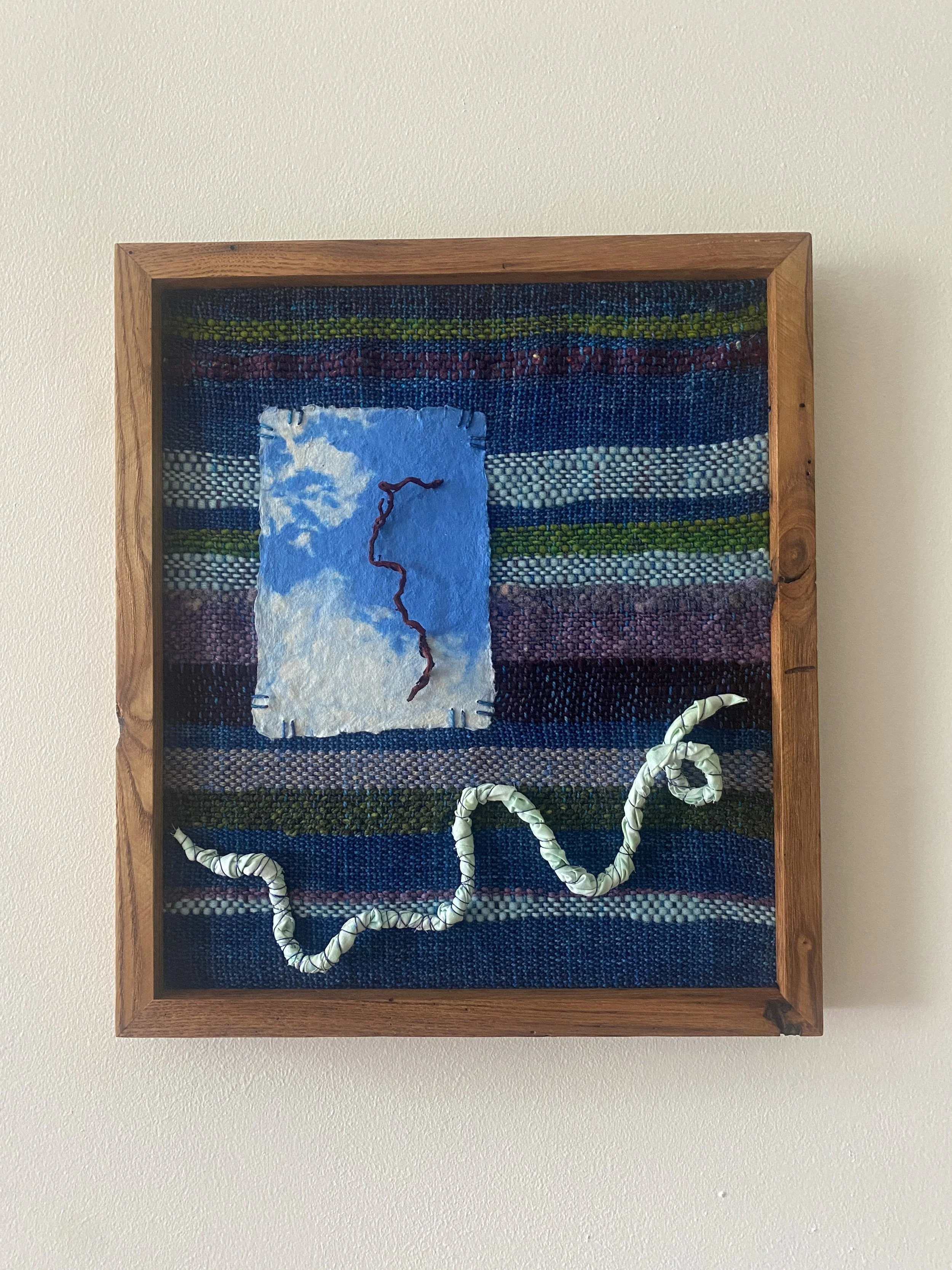 Deep In My Soul is a Glorious Slice of Open Sky | handwoven fabric, handmade paper, madder root, wrapped wire | 2025