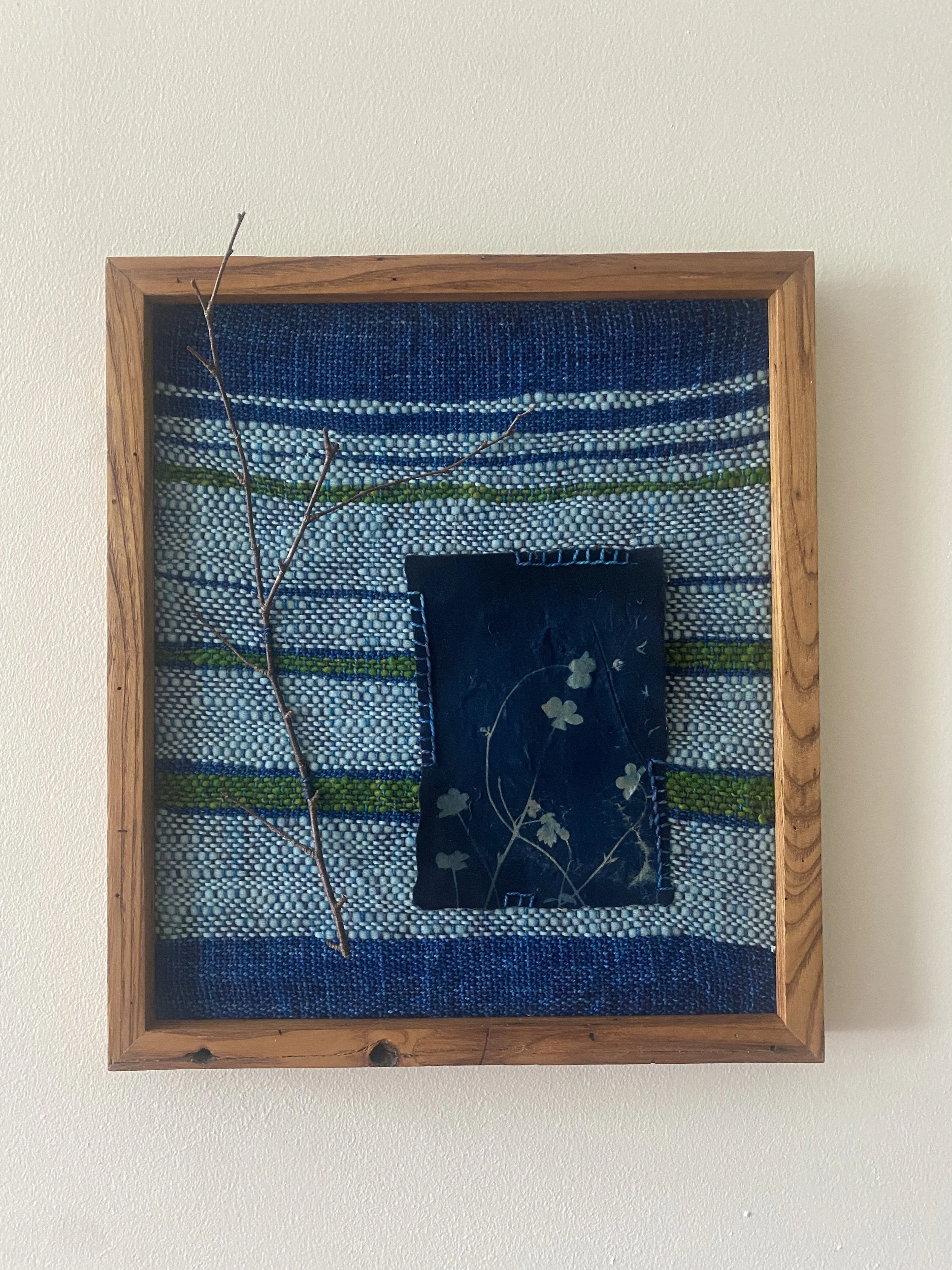 Deep Peace Found in Shade and Sun | cyanotype on handmade paper, handwoven fabric, black birch twig | 2025